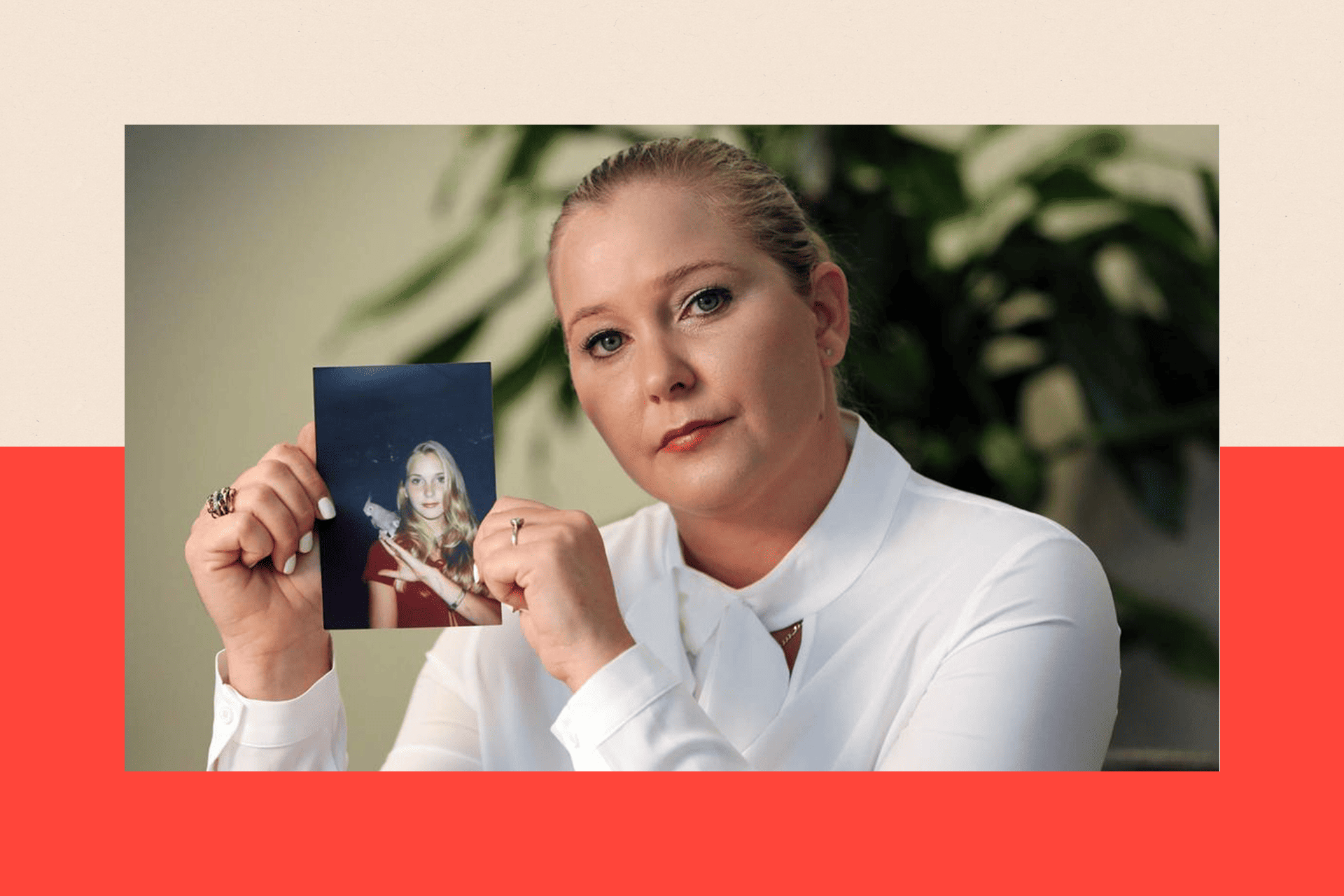 Virginia Giuffre, with a photo of herself as a teen