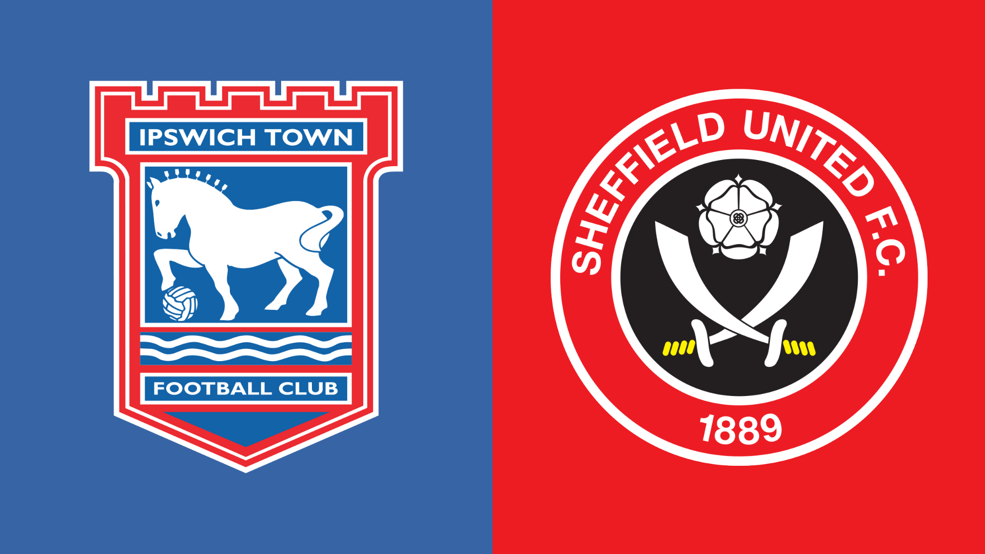 left side of the image has a blue background with the ipswich town badge and the right side has a red background with the sheffield united badge