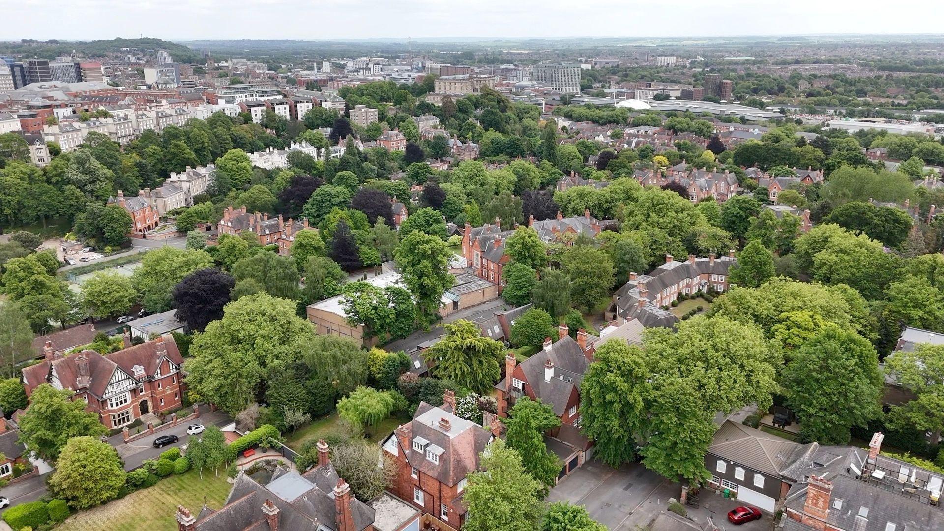 Aerial still of the Park Estate in Nottingham