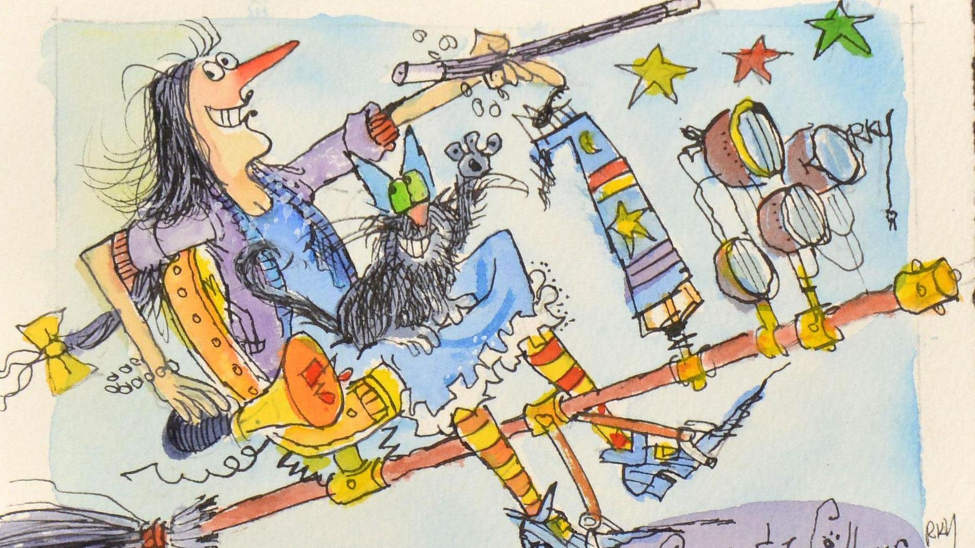 A colourful design of a witch on a broom with a cat on her lap. She is sounding a horn and there is a hat with a star on on the broom and stars in the background. 