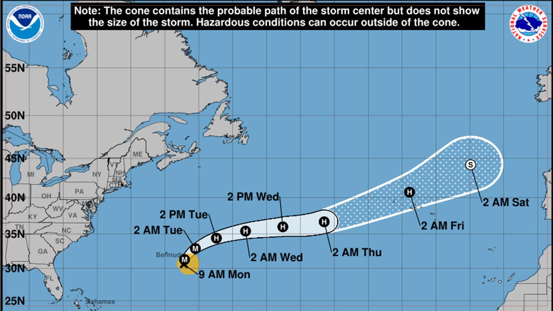 Map of Atlantic and east coast USA showing position of Hurricane Gabrielle near Bermuda and the forecast track that predicts the hurricane to move east towards Europe