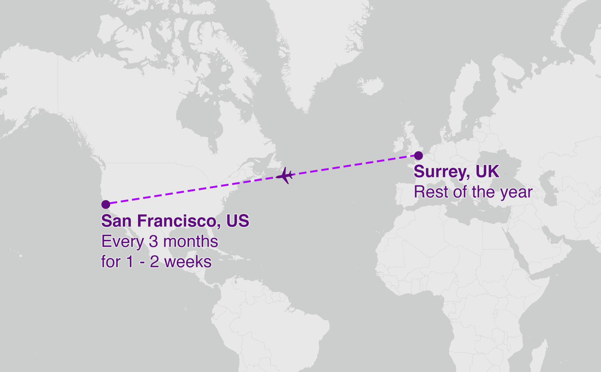 Map showing San Francisco to Surrey