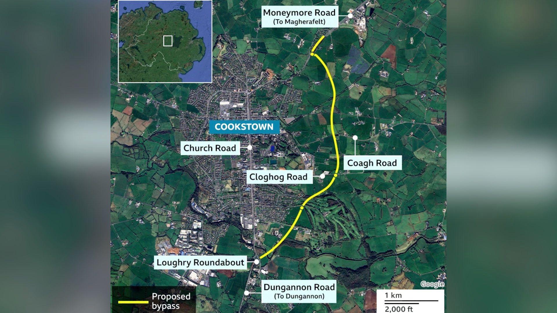 A map of the proposed route for a Cookstown bypass