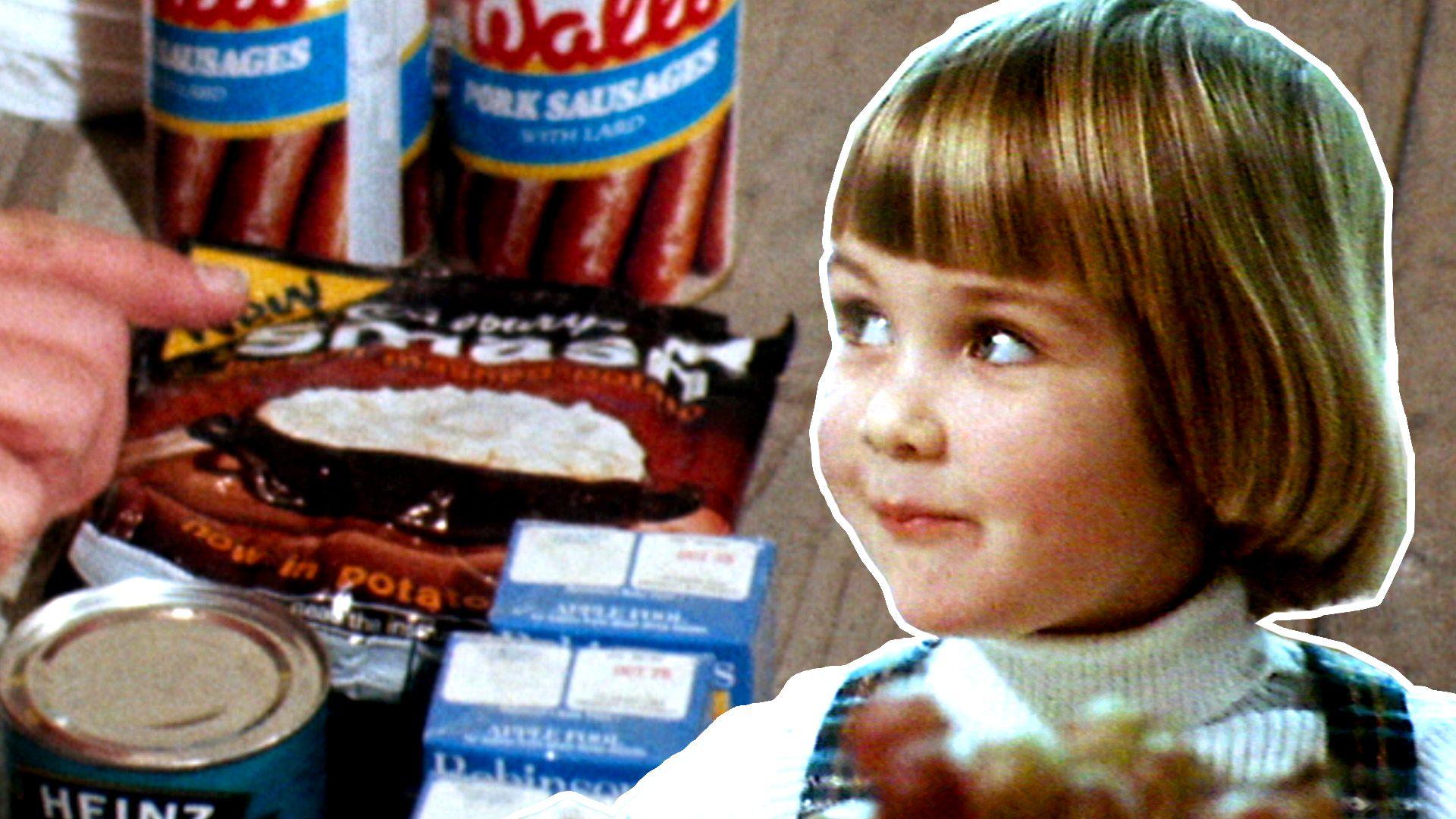 Collage: Child looks into space and is surrounded by classic food items including beans, sausages, rice and juice.