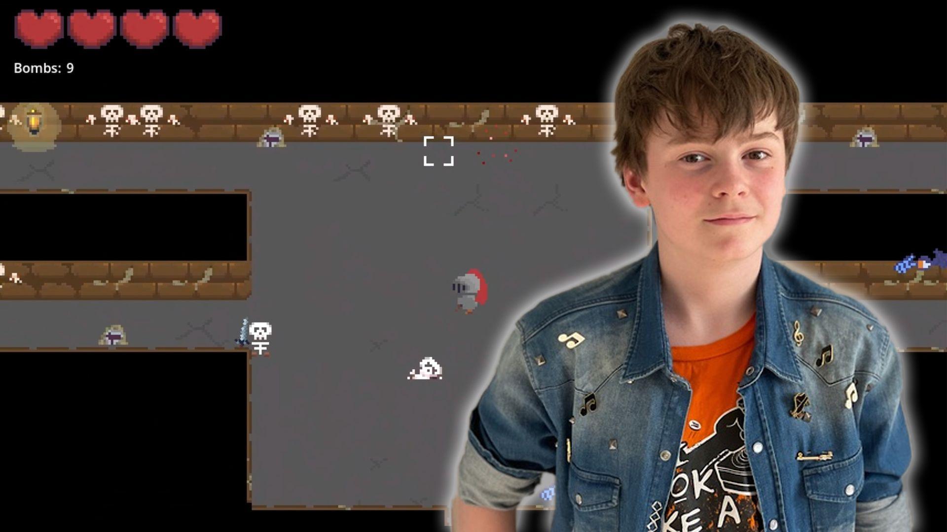 Thiago over a picture of his game design.