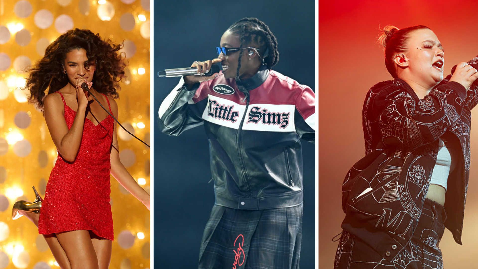 Olivia Dean in a red dress on the left, little Simz in sunglasses and a leather jacket in the middle, and Lola Young in a black embroidered denim outfit on the right.