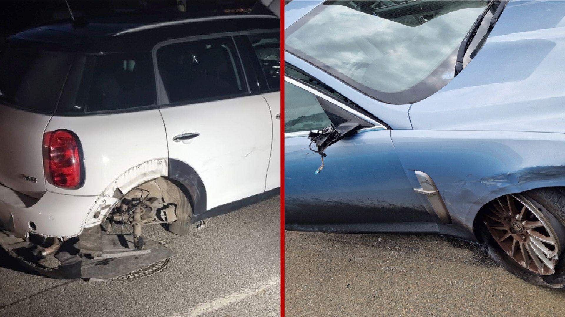 A split screen image with a white mini cooper with its wheel torn off on one side and a blue jaguar with a wing mirror and a tyre torn off on the other side.