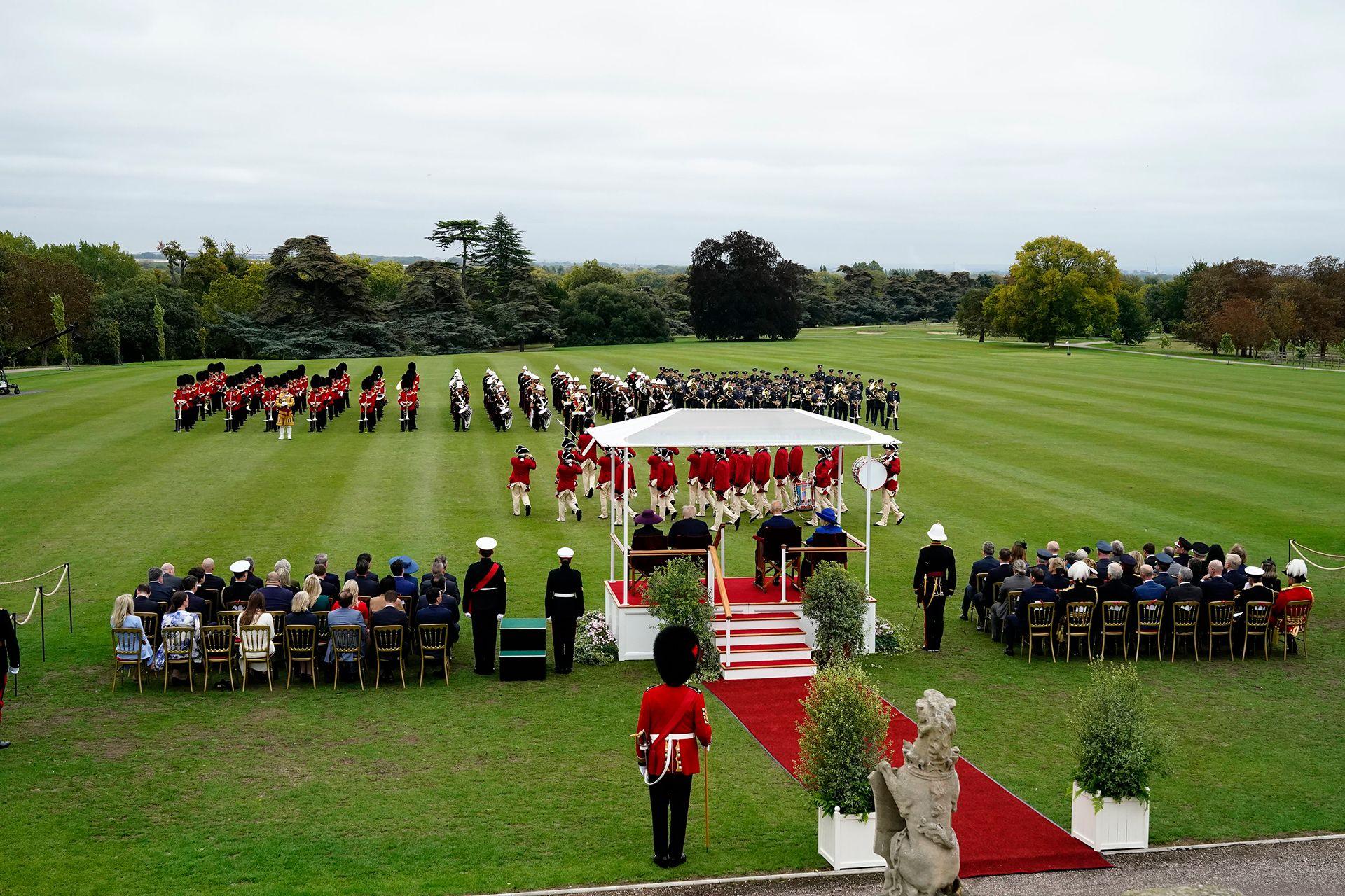 US President Donald Trump, First Lady Melania Trump, King Charles III and Queen Camilla look on during a Beating Retreat military ceremony at Windsor Castle, Berkshire, on day one of the president's second state visit to the UK. 