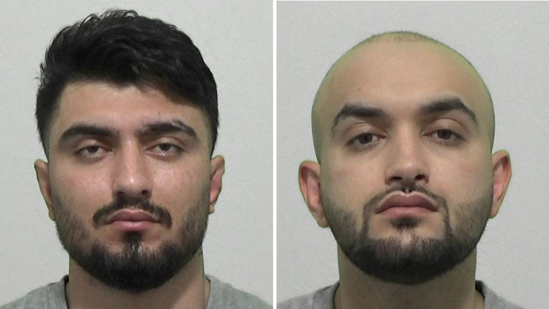 Mugshots of Ramhane and Saghezi. Ramhane has short black hair and a black beard. Saghezi has a bald head and think black beard.