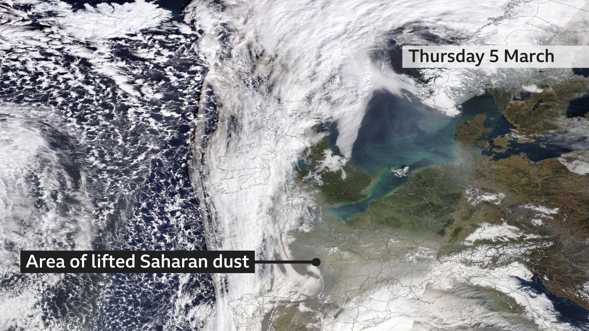 satellite image of the UK and part of Europe showing different cloud formations including Saharan dust