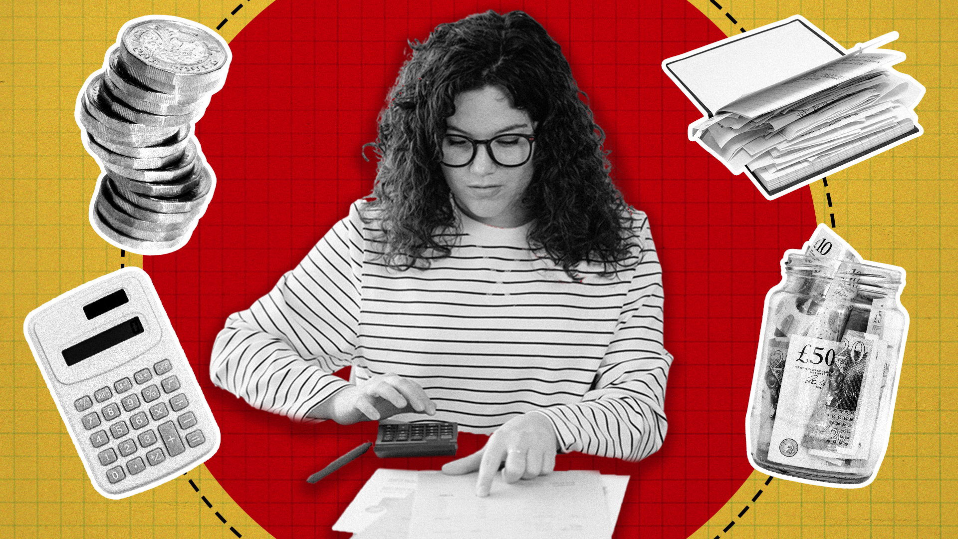 A woman with curly dark hair and glasses wearing a striped top calculating bills, with coins, a money jar, a calculator and a book surrounding her.
