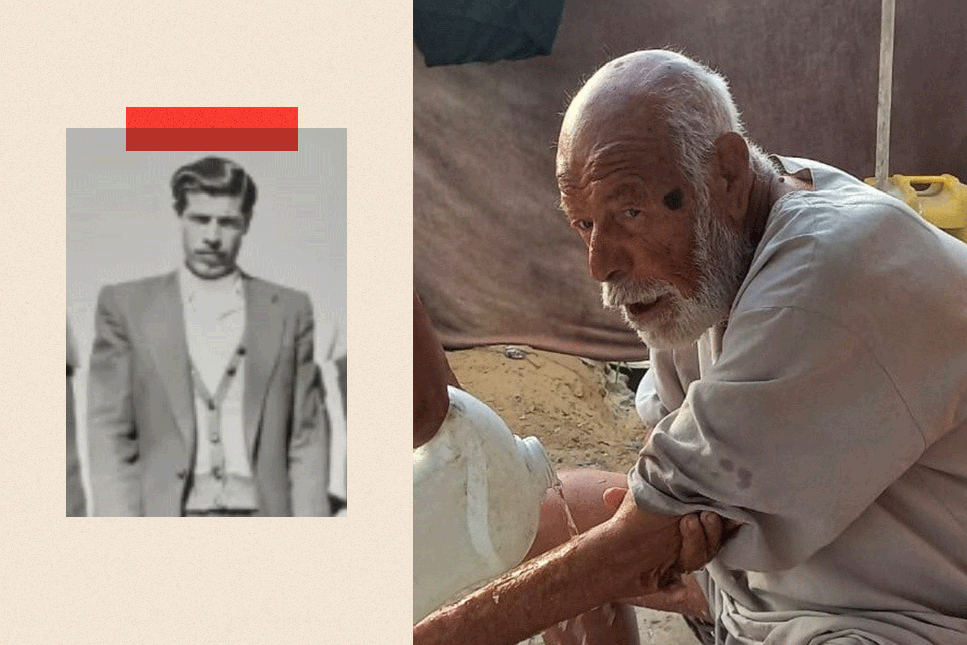 Two images, the first is a black and white image of Ayish as a younger man, and the second is a more recent picture