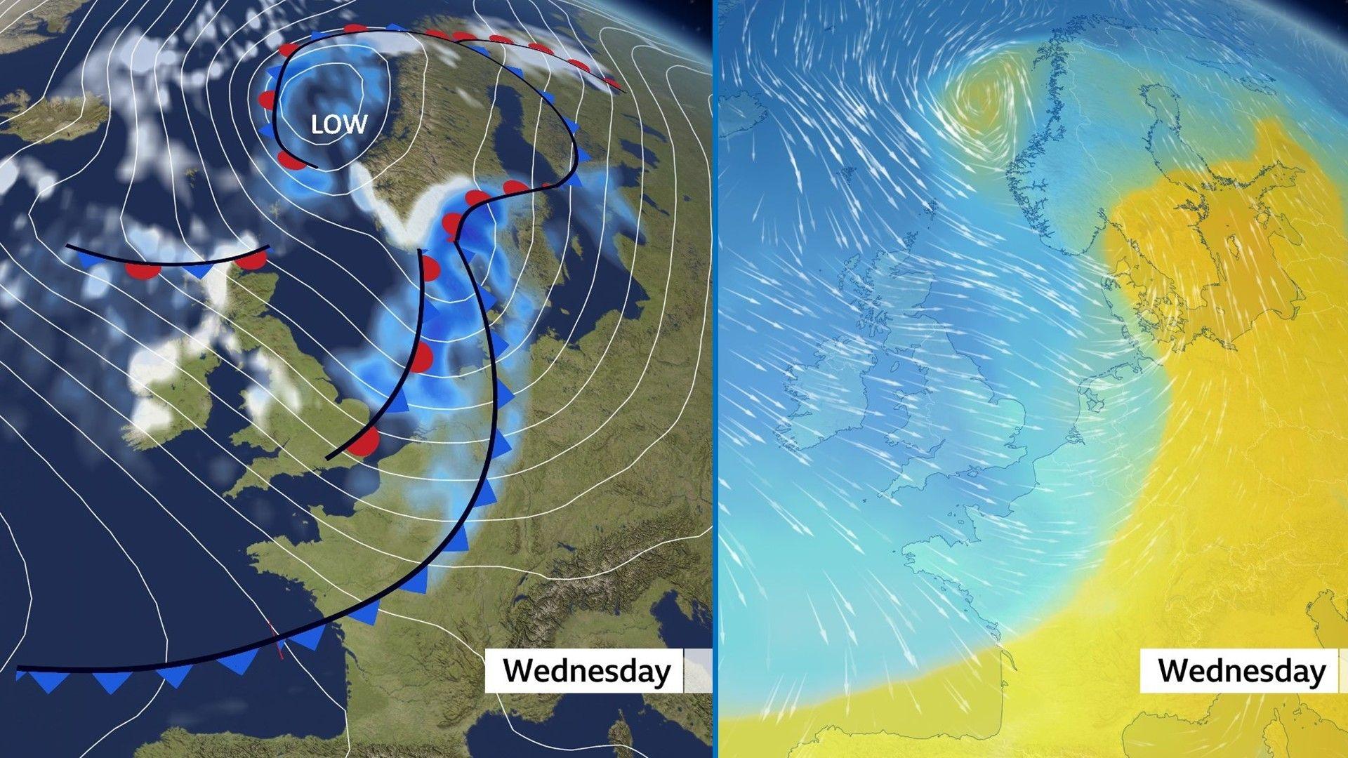 Pressure and airmass charts showing weather set up on Wednesday across the UK