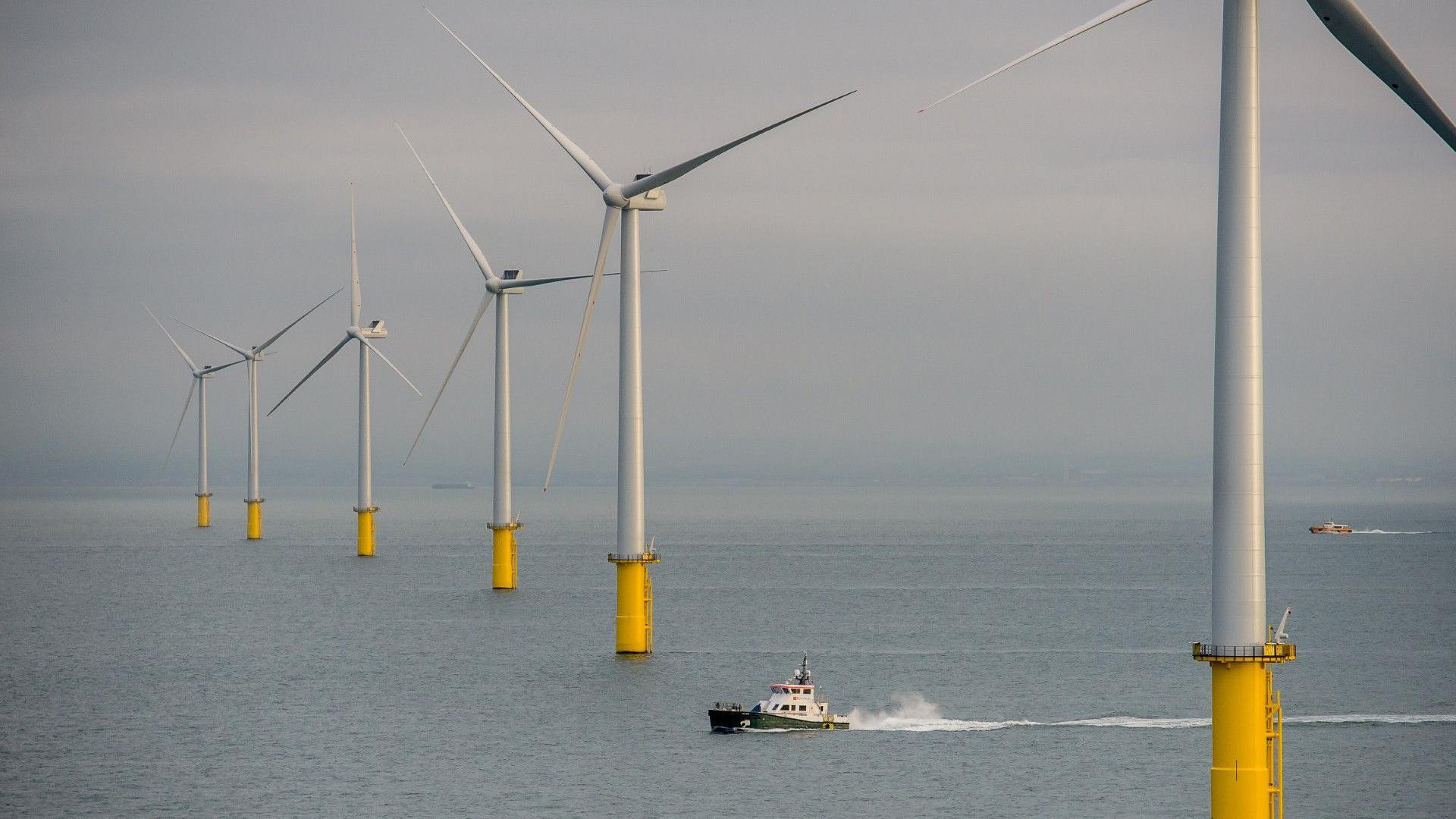 Wind turbines out at sea on a calm day.