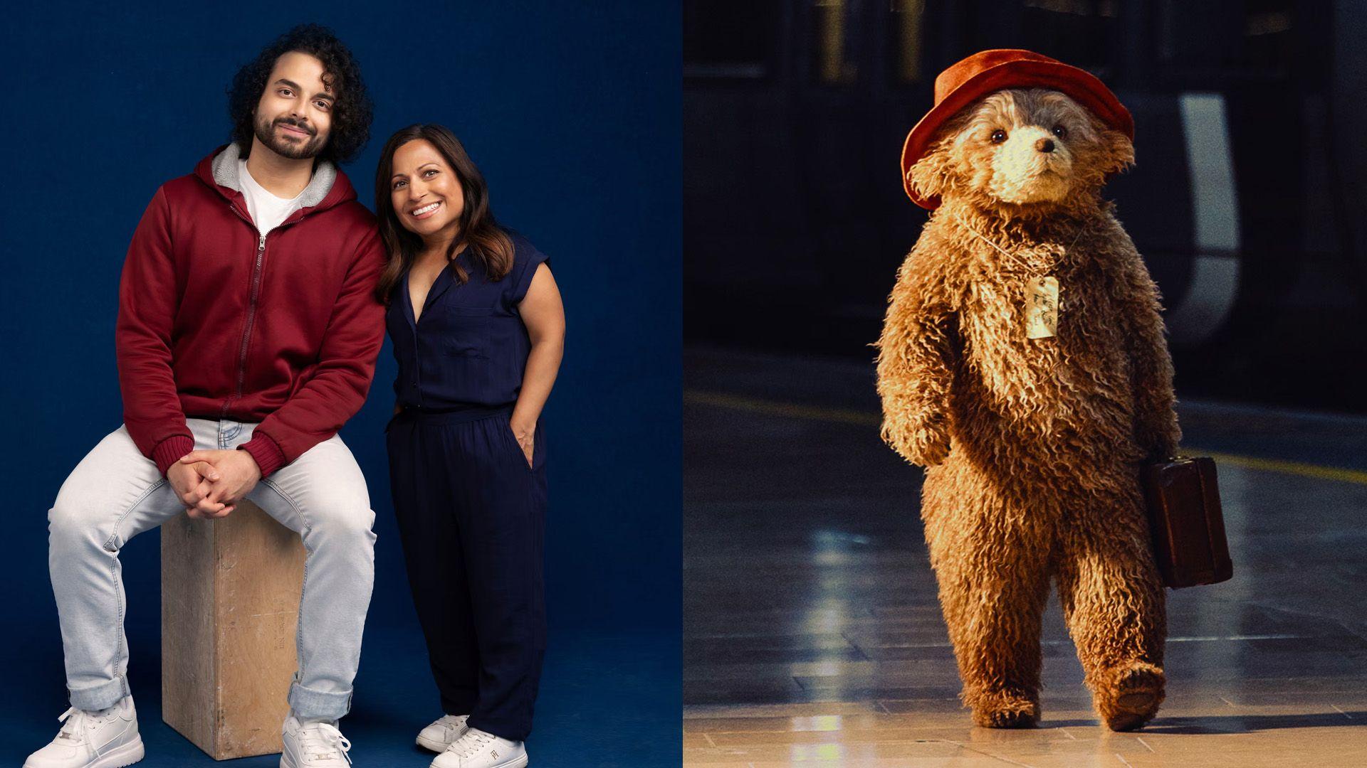 A picture of the actors playing Paddington and a picture of Paddington on stage.