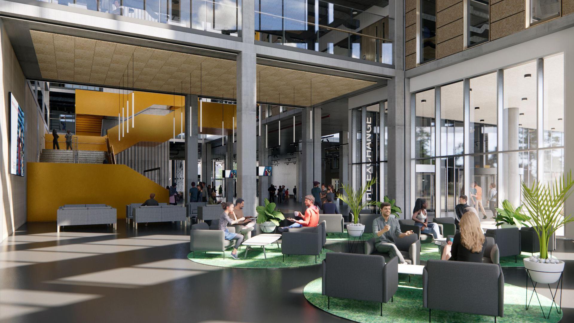 A computer generated image of what the inside of the building will look like once complete. There is a foyer area with plants, green circular carpets and grey armchairs. There is a large yellow geometric stairway on the left leading upstairs, and lots of people sitting around chatting. 