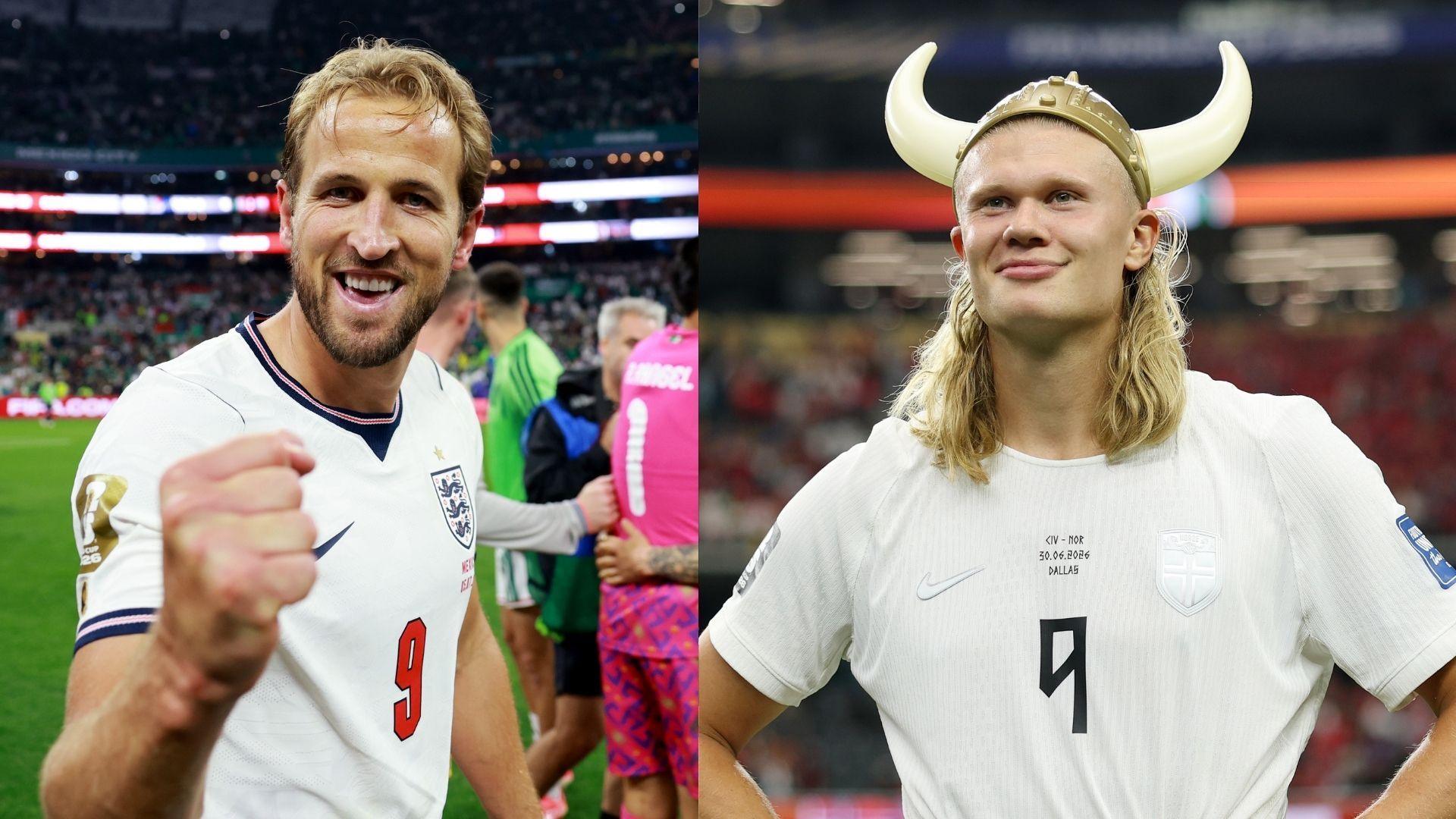 Harry Kane cheers and Erling Haaland wears a Viking helmet. Both wear number 9 shirts.
