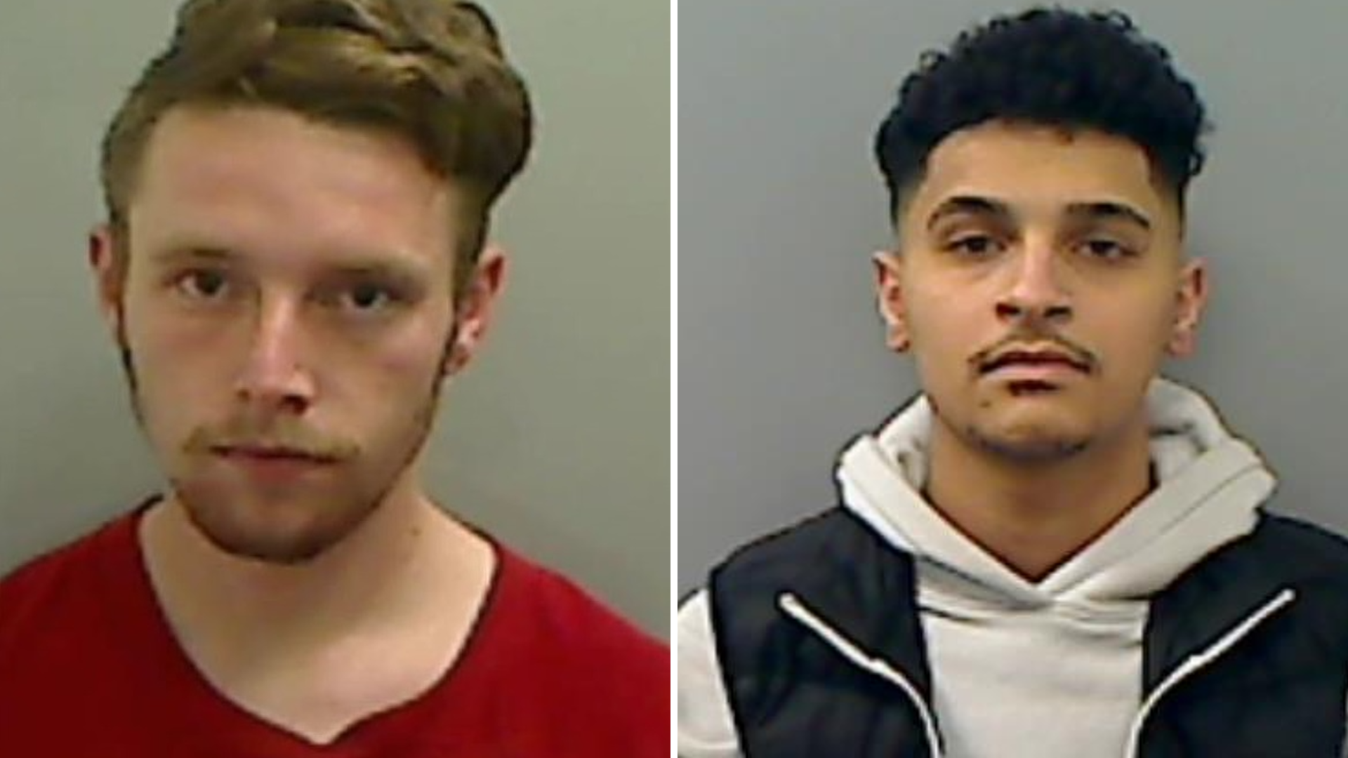 Two mugshots. On the left is Paul Smith who has brown, short hair and is wearing a red t-shirt. On the right is Rosh Mahmood who has dark, short, curly hair. He's wearing a grey hoodie and black vest.