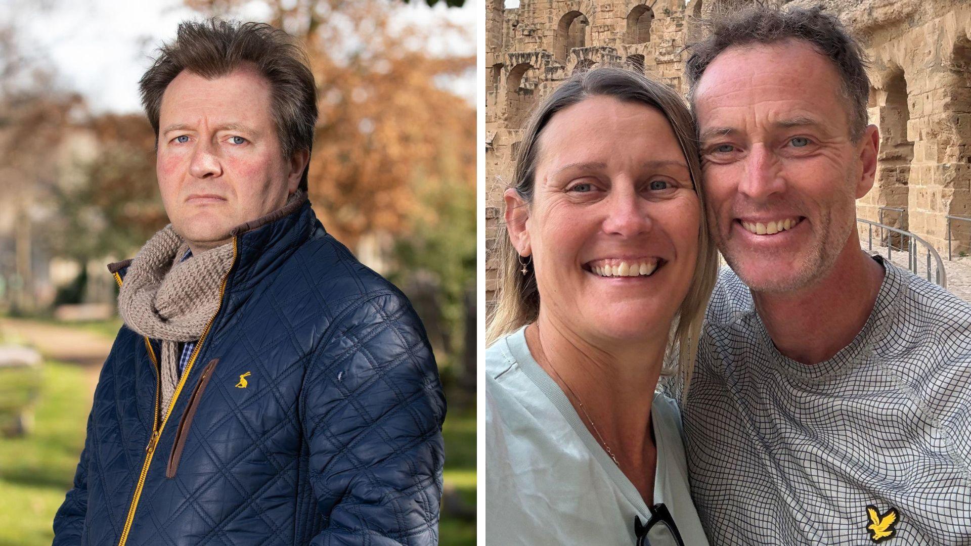 Composite image of Richard Ratcliffe, dressed in a navy puffer lined with a yellow zip and reindeer emblem, and Lindsay and Craig Foreman, in casual wear taking a selfie at the Rome Colosseum.