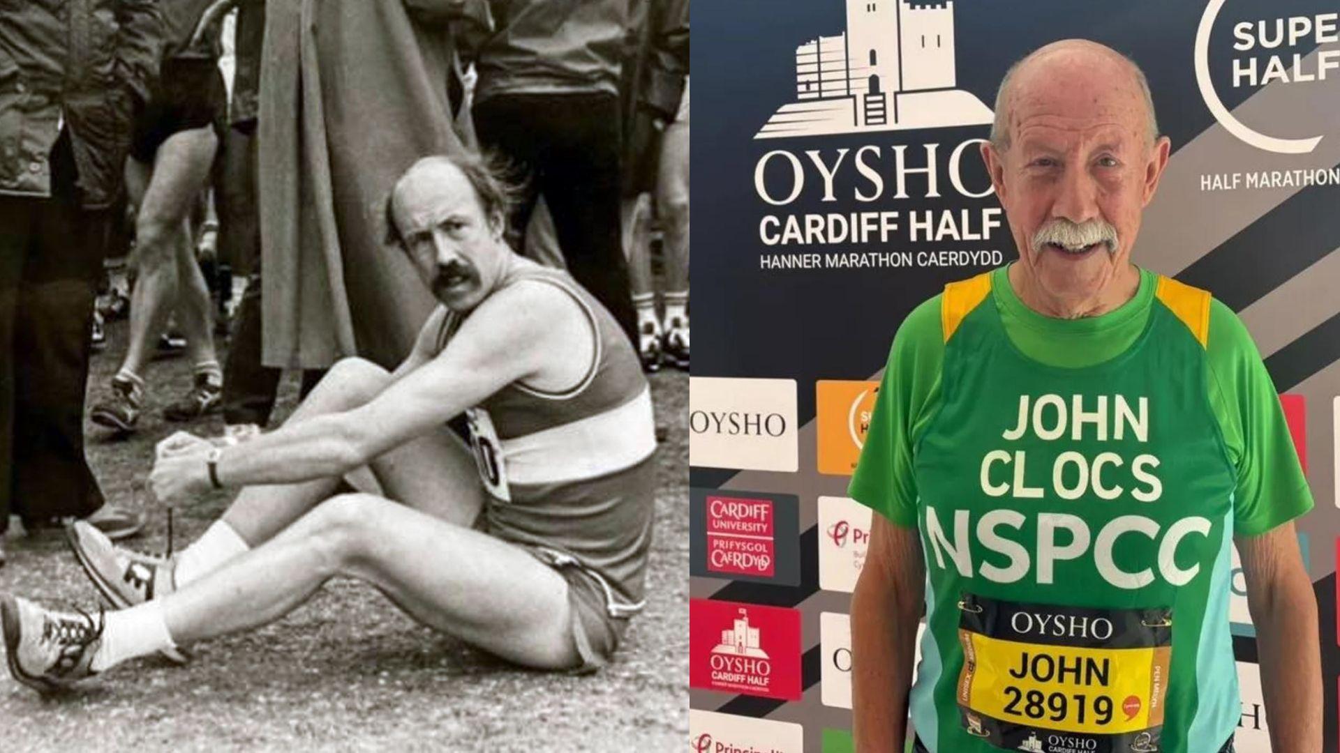 Llun du a gwyn o John cyn ras marathon a llun o John heddiw