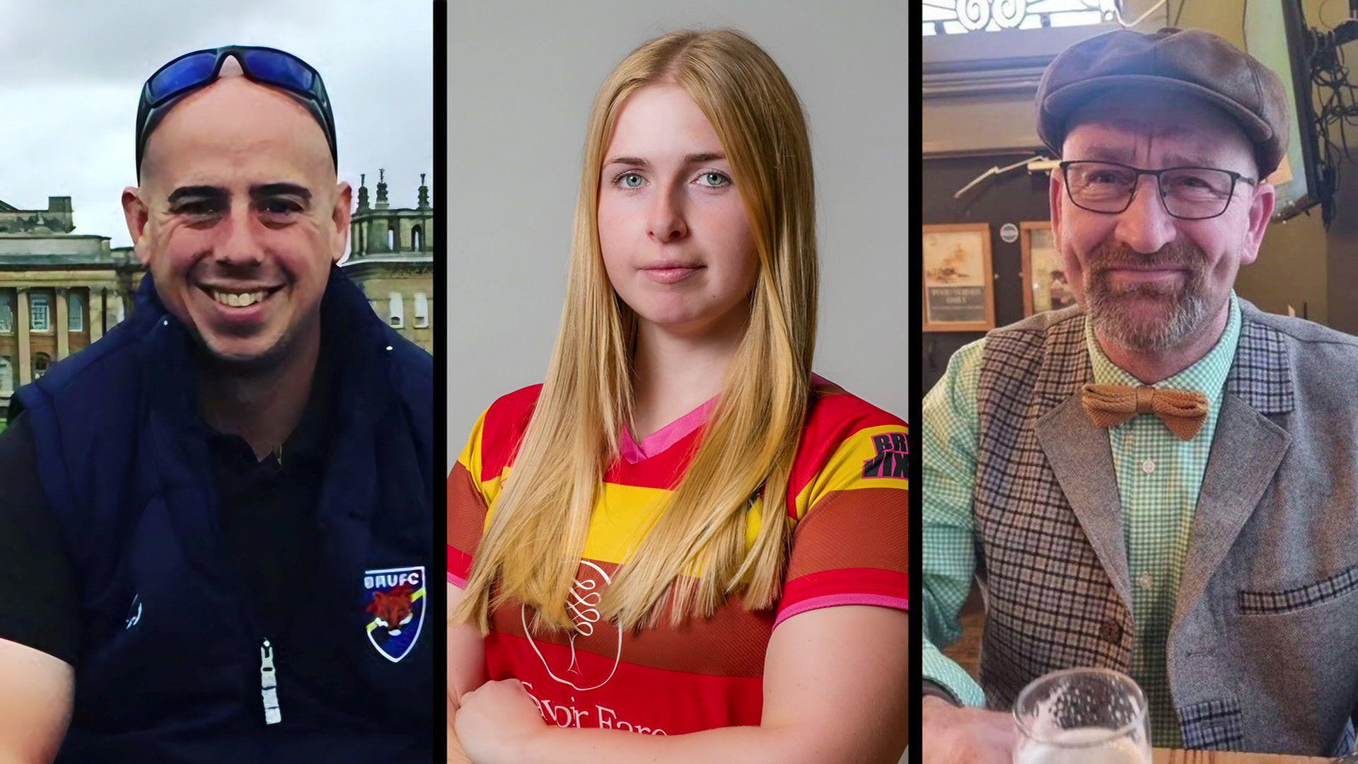 A composite of Martyn Sadler, wearing a rugby kit and smiling, Jennie Logan, wearing a red and yellow short-sleeve top, and Dave Chester who is wearing a grey flat cap and suit and is holding a pint glass.