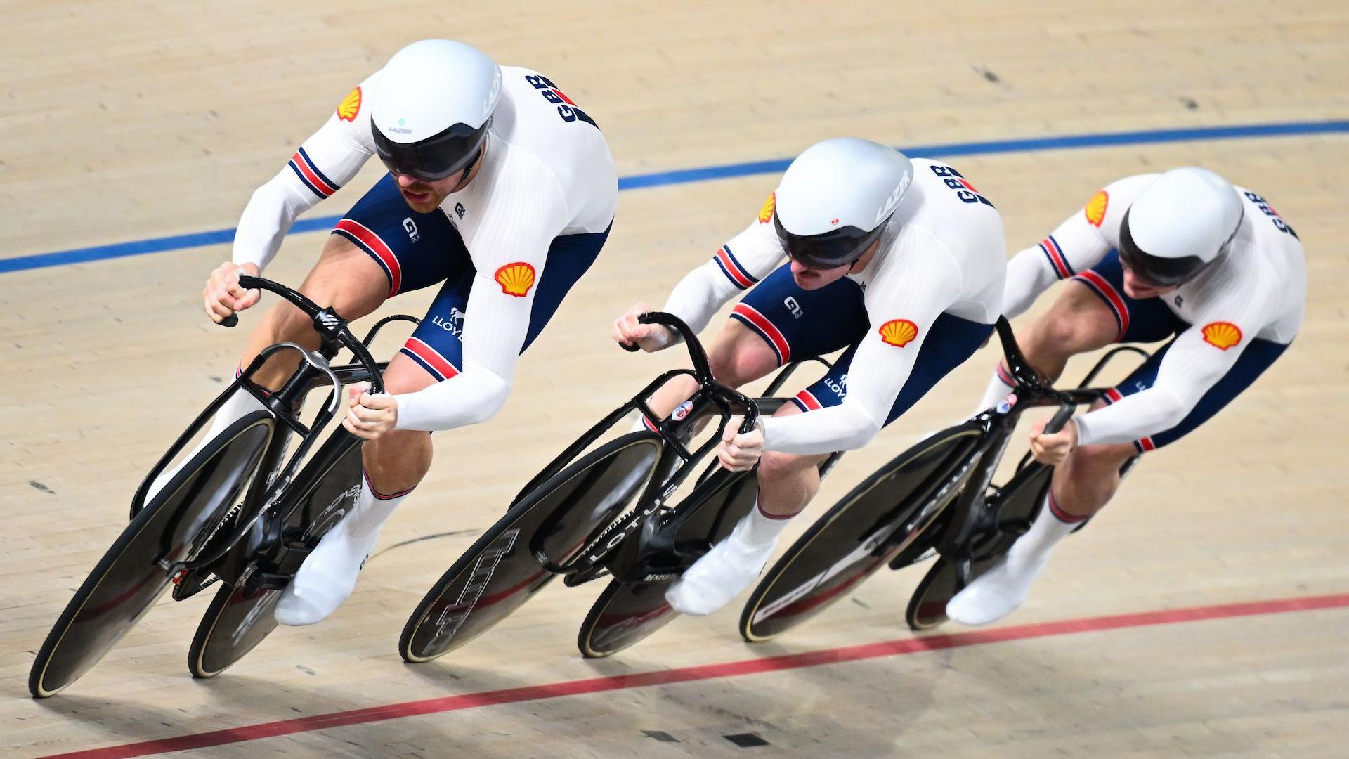 Joe Truman, Hamish Turnbull and Matt Richardson in action for Great Britain in the men's team sprint final