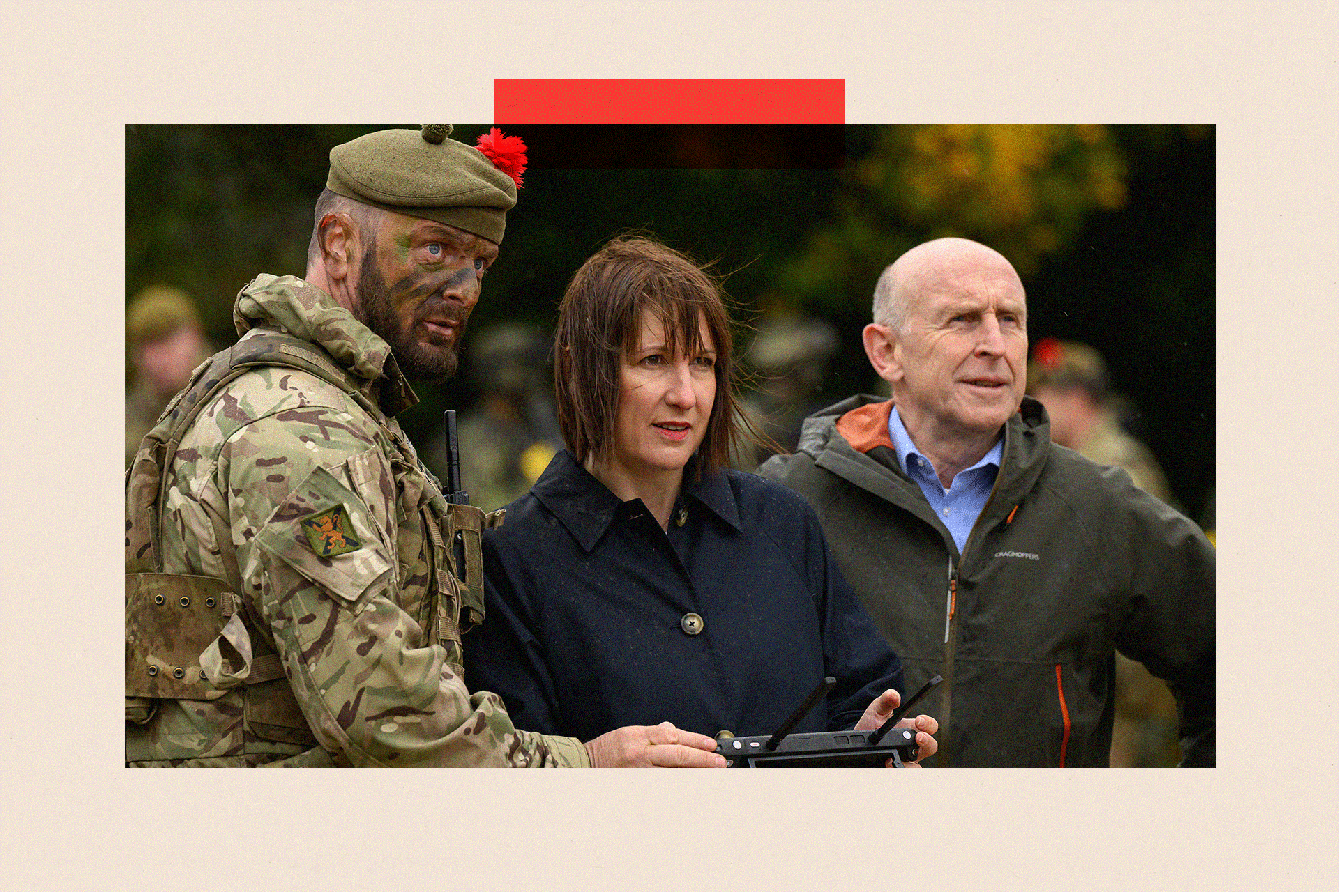 Chancellor of the Exchequer Rachel Reeves operates a Max Evo drone as Defence Secretary John Healey (R) looks on at the Stanford Training Area 