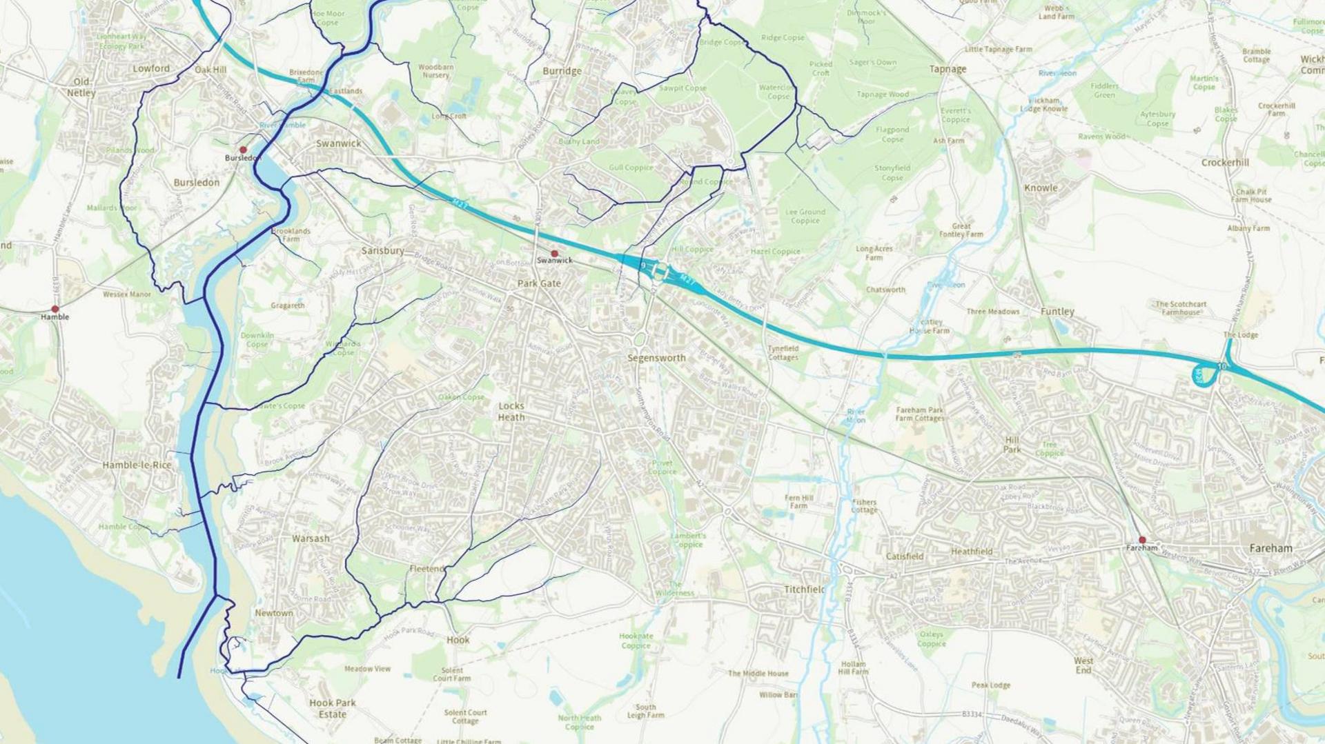 An Ordnance Survey map of the Hamble.