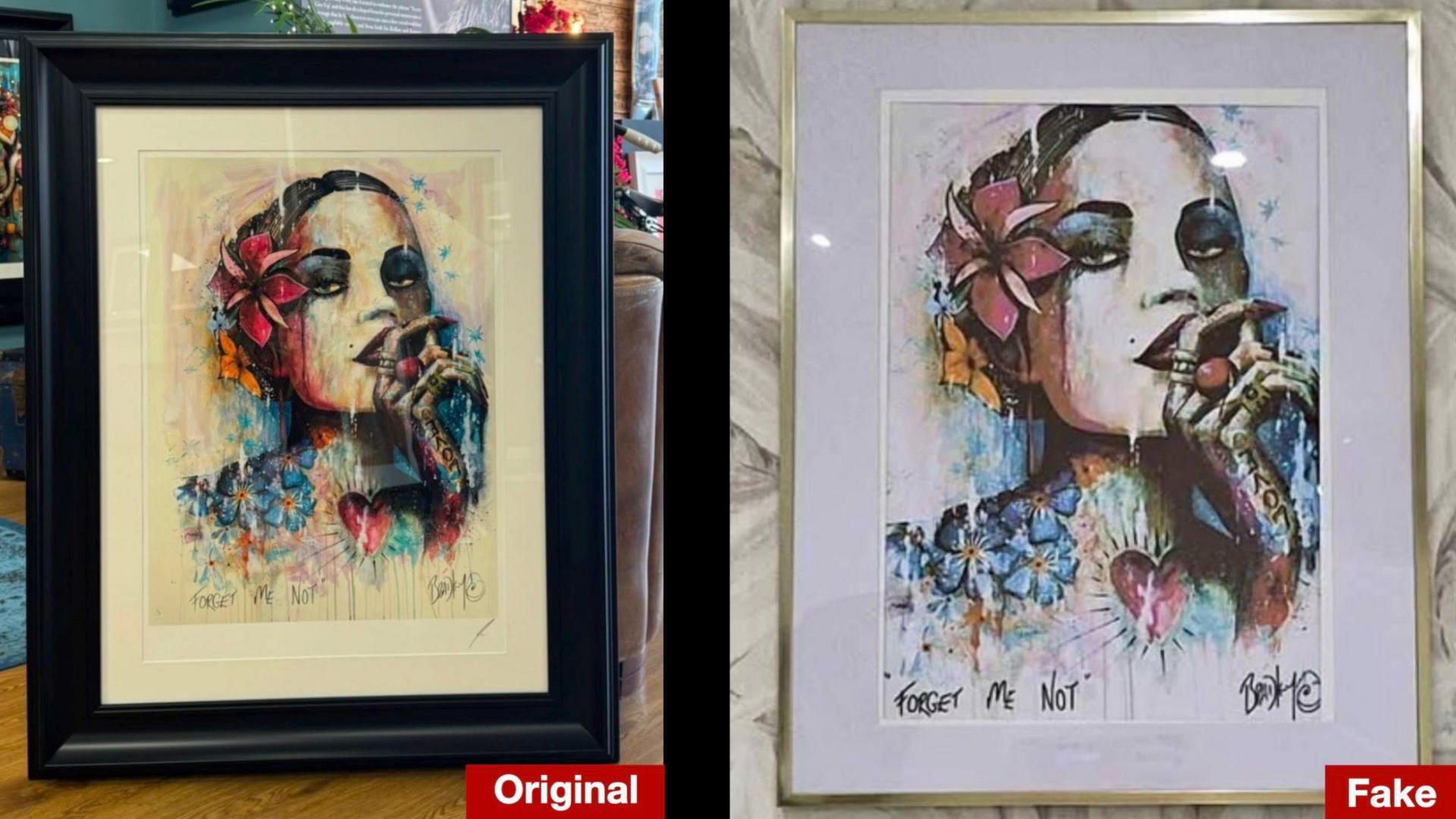 Original colourful 'Forget me Not' painting to the left. Fake version that is more washed out to the right