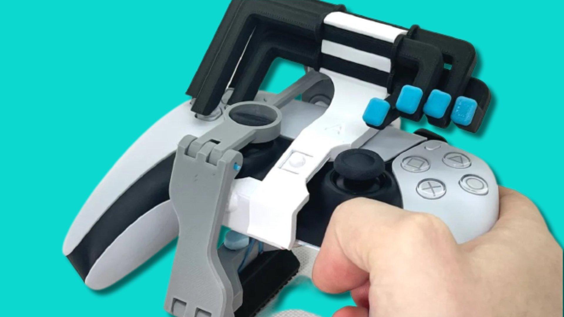 hand holds a white playstation 5 controller with a plastic modfication added to the left joy stick