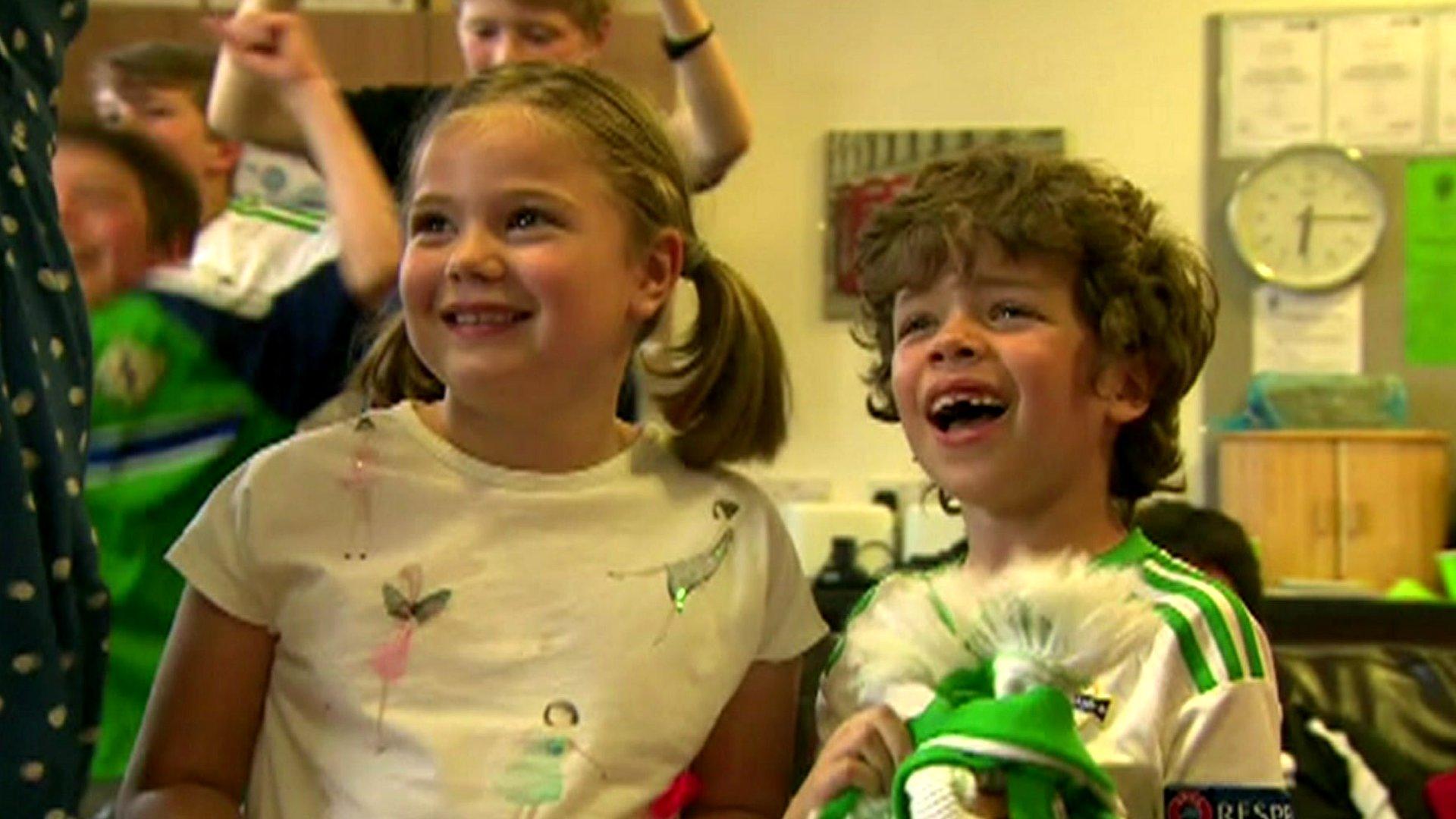 Kids in Belfast react to Northern Ireland's Euro 2016 match win