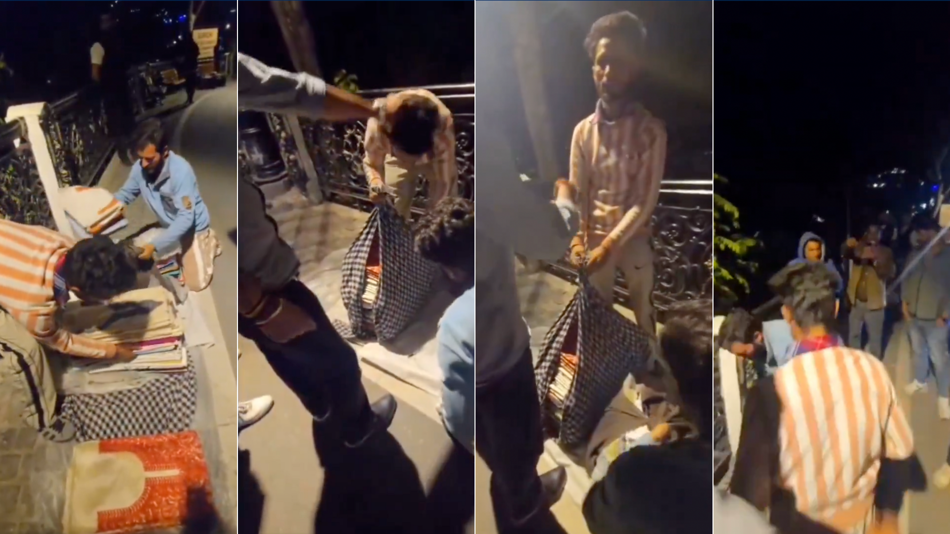 A collage of pictures showing two shop owners being heckled and harassed as they pack their scarfs and suits and leave the place