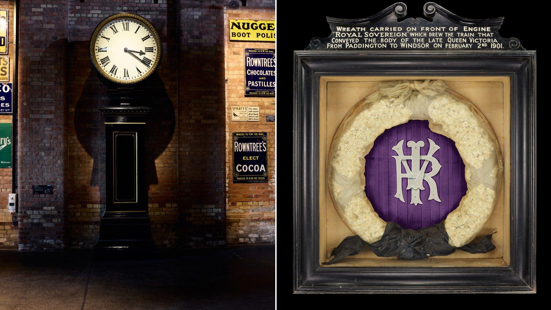 The image on the left is a tall black clock from Euston Station in London and a purple and white funeral wreath which was once place on the front of the locomative transporting the funeral train of Queen Victoria