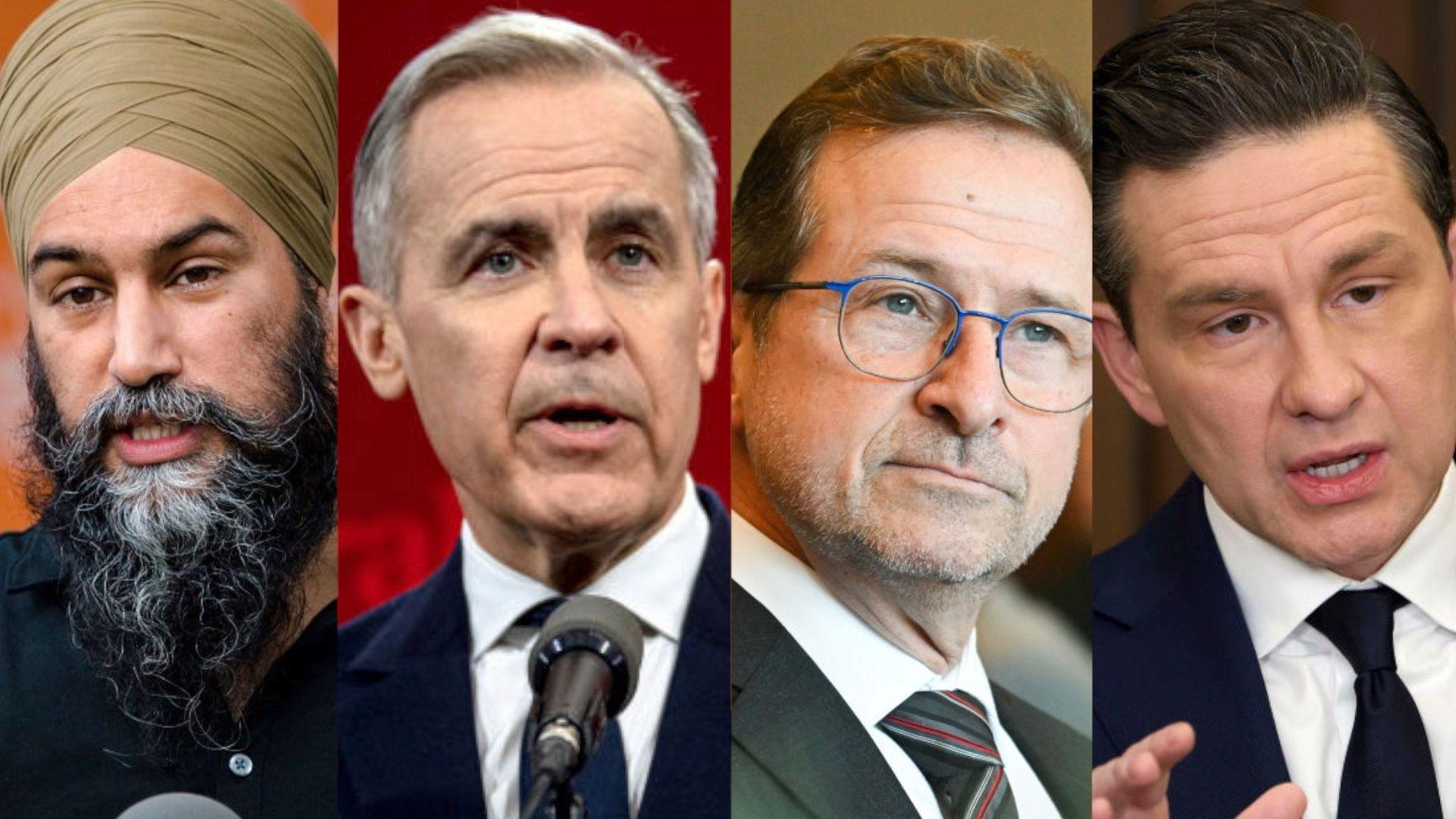 A composite photo showing leaders of Canada's official political parties, from left to right: NDP leader Jagmeet Singh, Liberal leader Mark Carney, Bloc Québécois leader Yves-François Blanchet, and Conservative leader Pierre Poilievre 