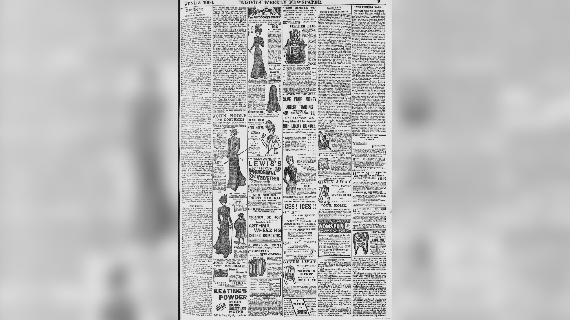 A black and white newspaper with several columns of words and adverts with images of people.