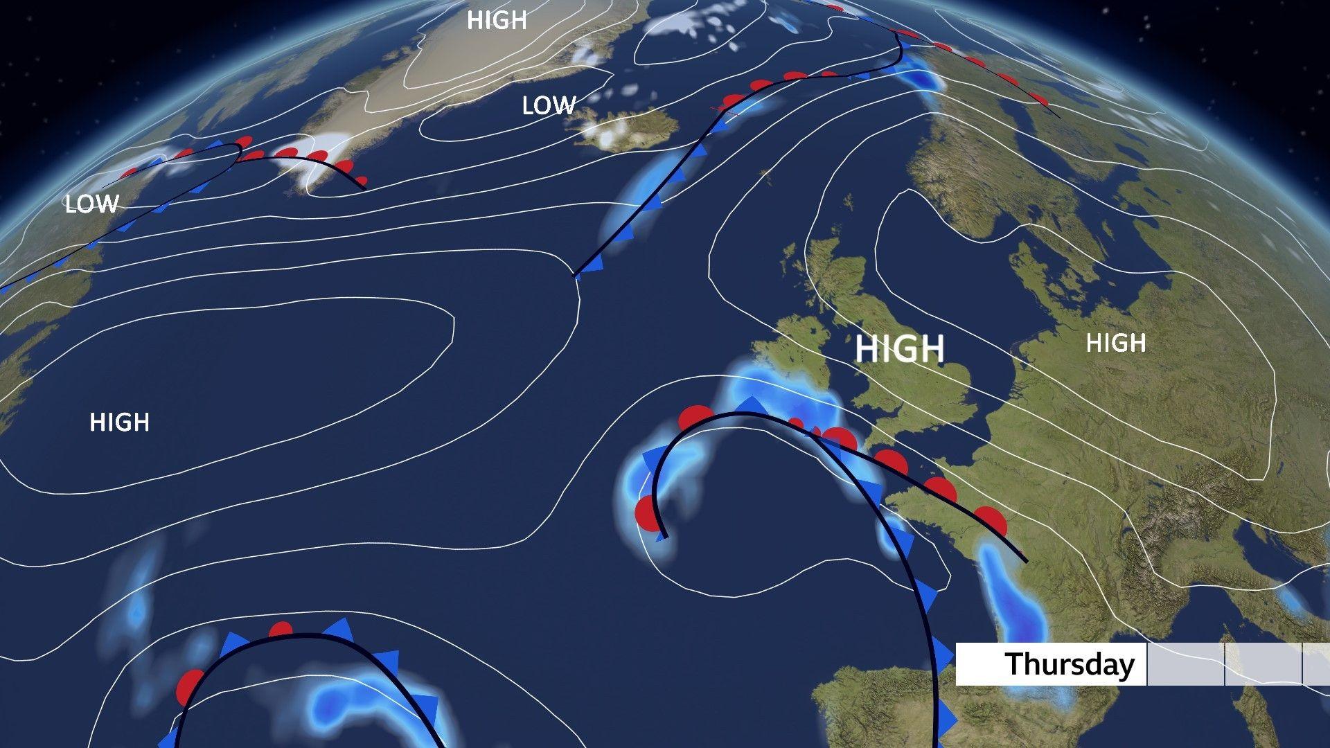 Map of the Atlantic and western Europe showing high pressure to the east and low pressure over the Bay of Biscay. Weather fronts are closing in on the south-west of UK