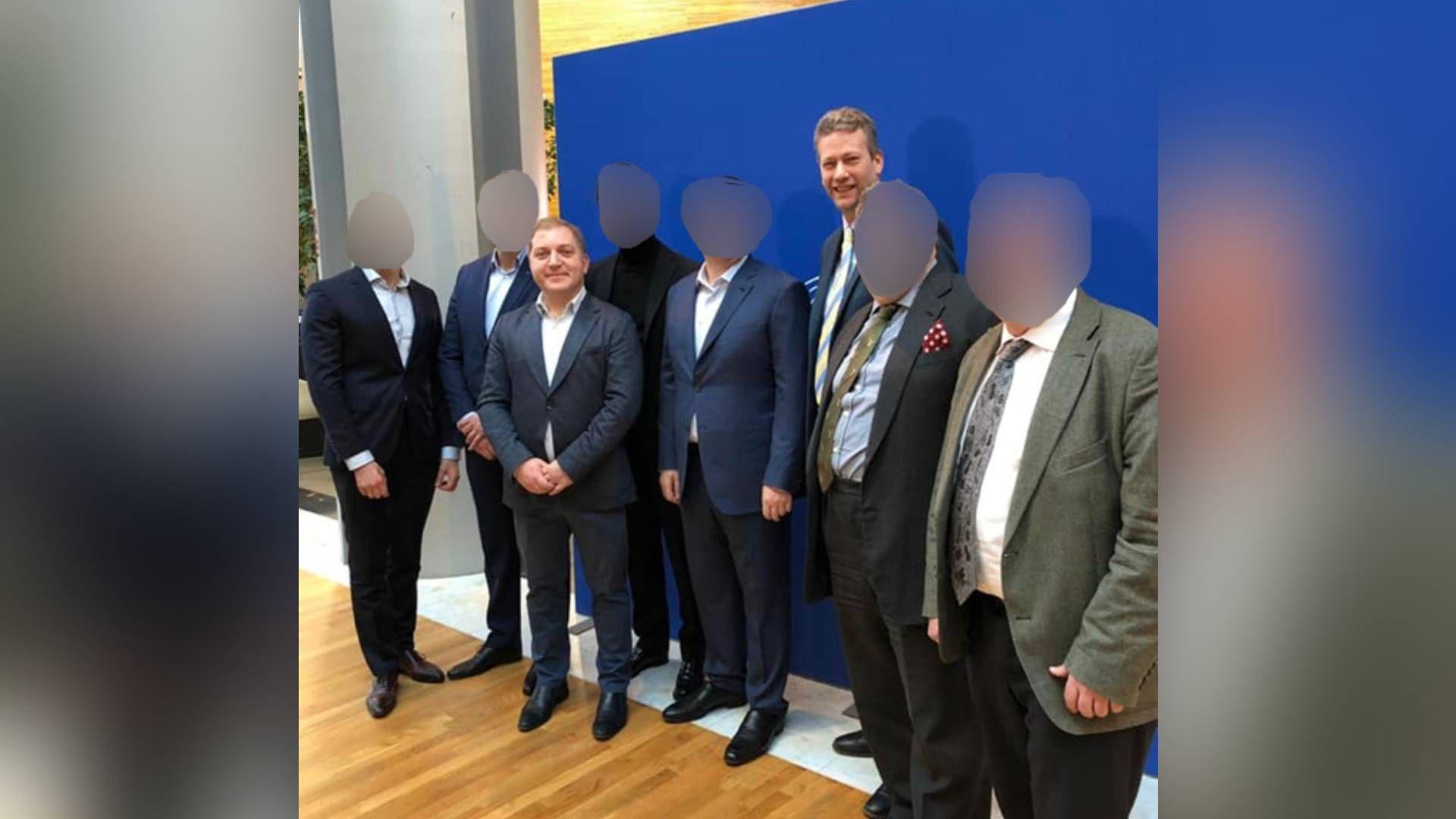 Published on the website of a Ukrainian tv channel (112ua.tv) in February 2019 - the channel has been shut down by Zelensky after the Russian invasion. Third from left is Oleg Voloshyn, named in David Deans' copy and was the man in contact with Nathan Gill before his speeches in the European Parliament. Gill and Voloshyn both wear suits and stand among six other men in suits. 