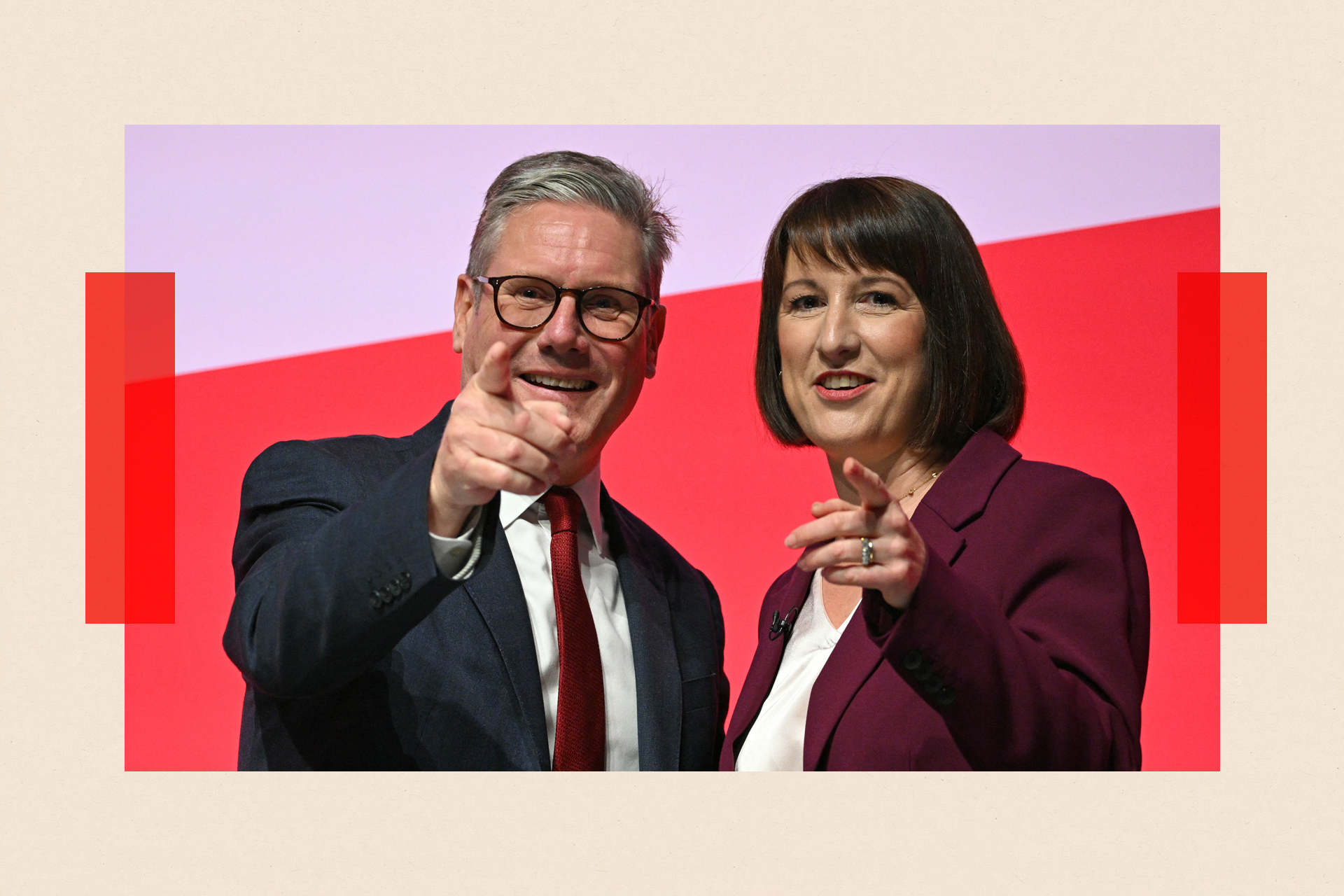 Keir Starmer (L) and Britain's Chancellor of the Exchequer Rachel Reeves (R) gesture to the audience after Reeves delivered her speech on the second day of the annual Labour Party conference in Liverpool
