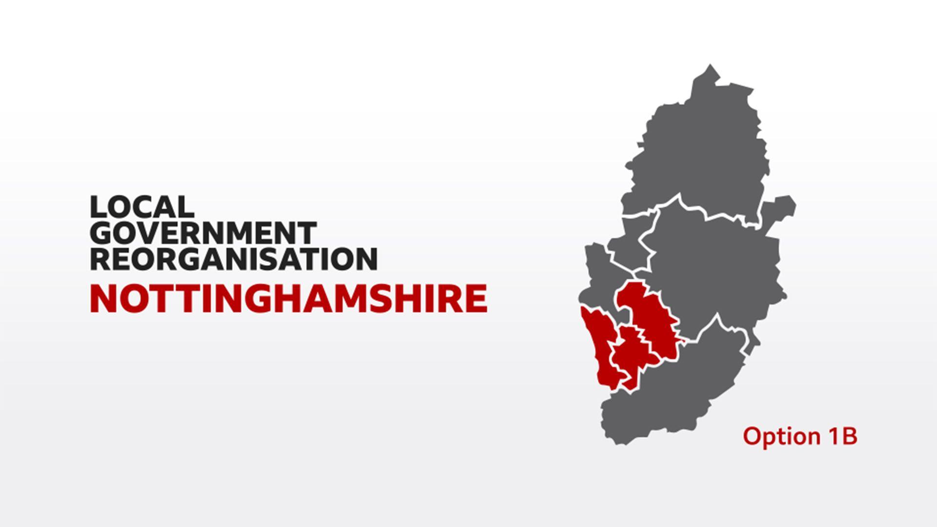 A generated map showing the boundaries of Nottinghamshire with Option 1B written next to it. Part of the west of Nottinghamshire is shaded in red