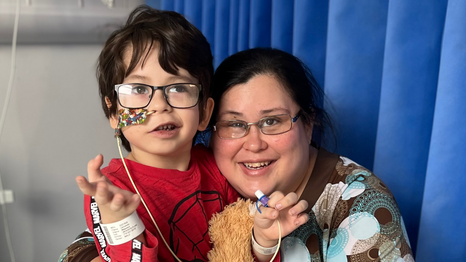 Leo and his mum, Corey, in hospital together