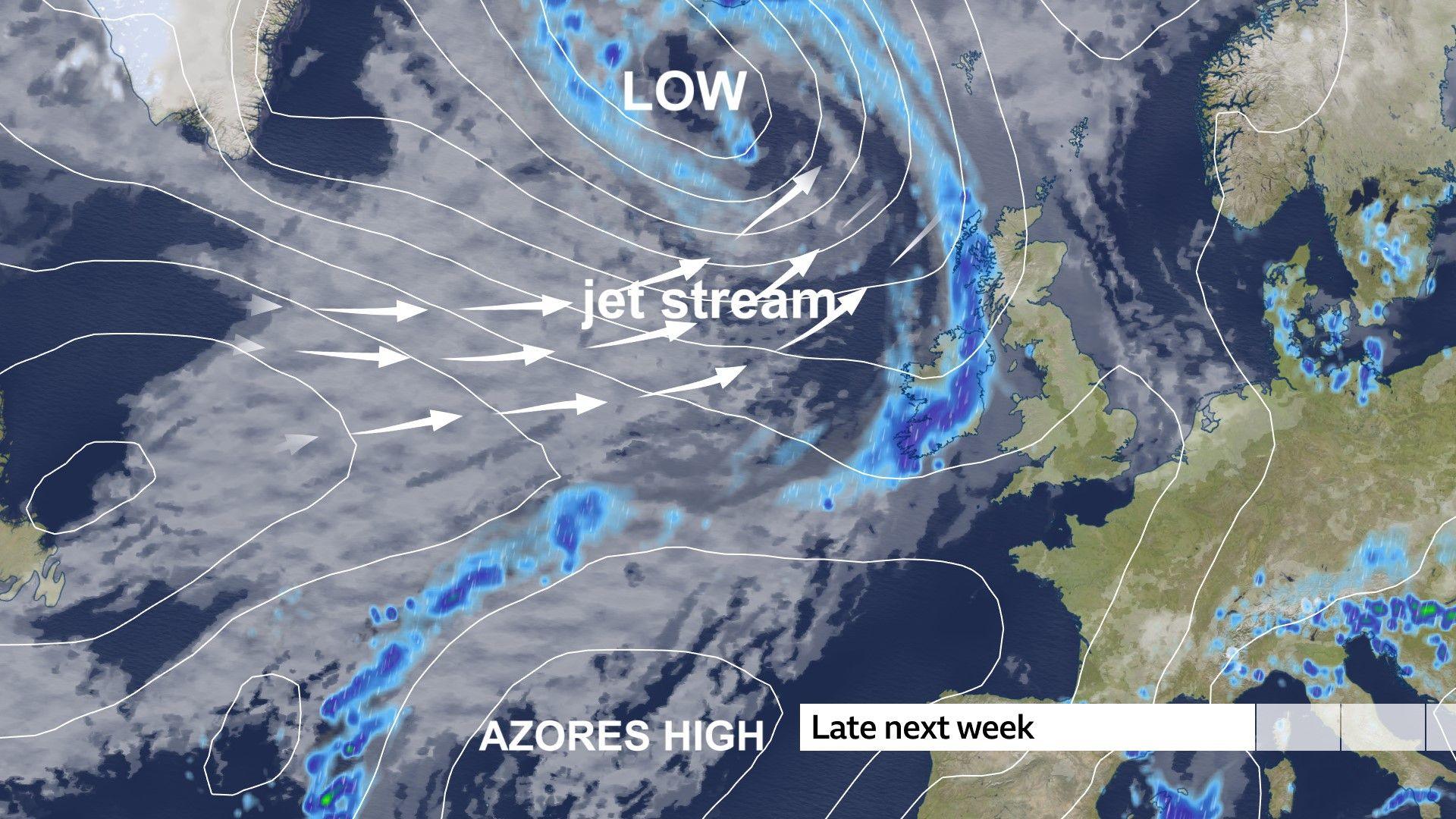 Map of the UK and Atlantic showing a band of cloud and rain in the northwest of the UK with low pressure near Iceland, high pressure over the Azores and a westerly jet stream in the Atlantic