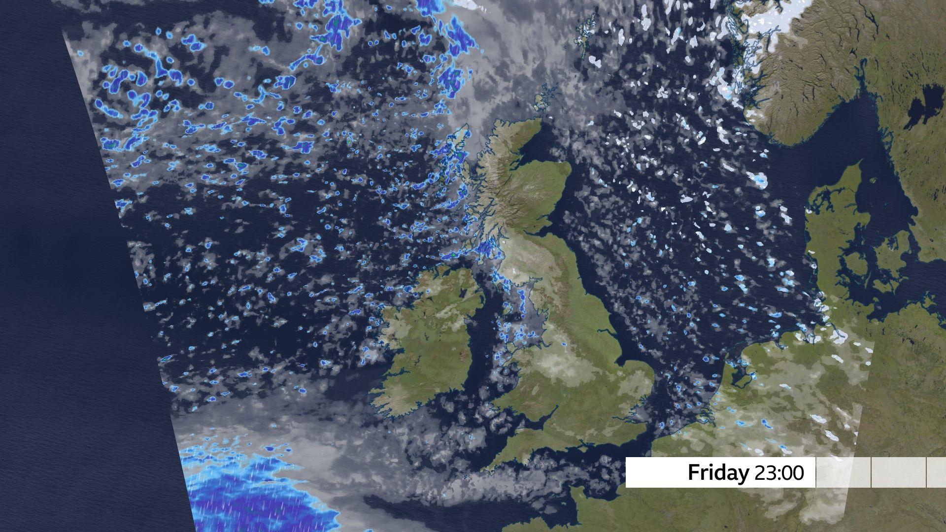 A weather map of the UK showing the forecast for Friday evening with largely clear skies