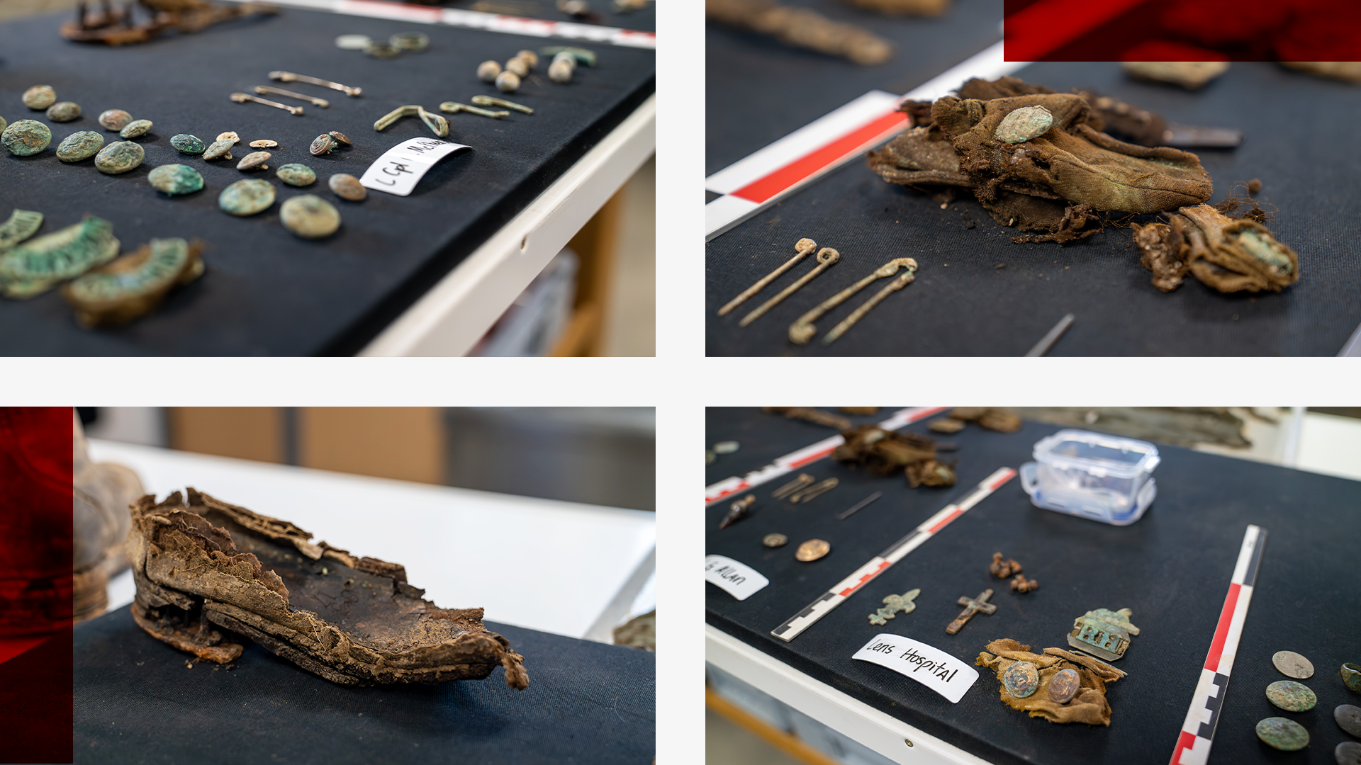 A composite image with four pictures arranged in a grid. The top left shows a worn cap badge with regimental insignia for the Royal Highlanders, a well as small crosses. The top right image shows three metal pins and a piece of fabric with a metal badge. The bottom left image show a number or buttons and regimental insignia pins for the Cameron Highlanders. The bottom right image shows the brown worn sole and heel of a soldier's boot. 