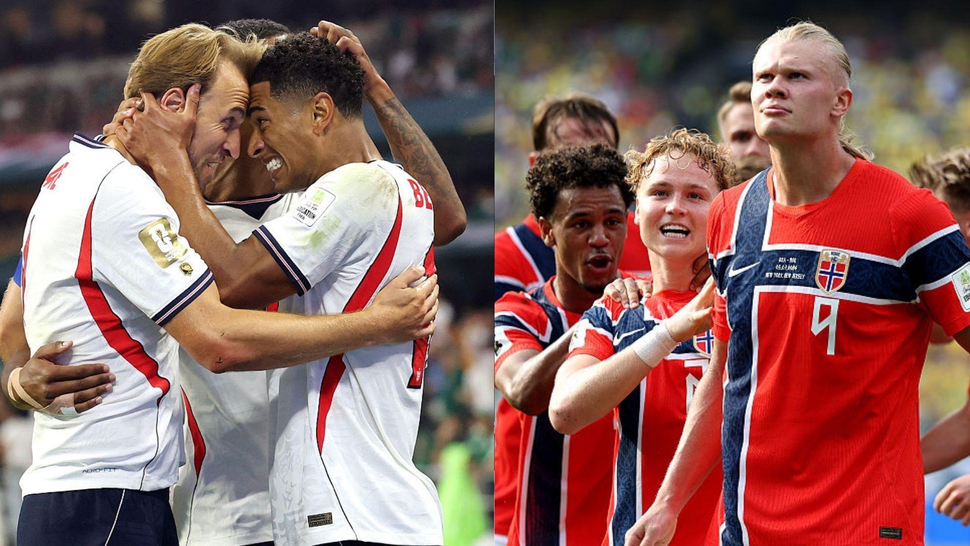 A split image of England and Norway celebrating goals.