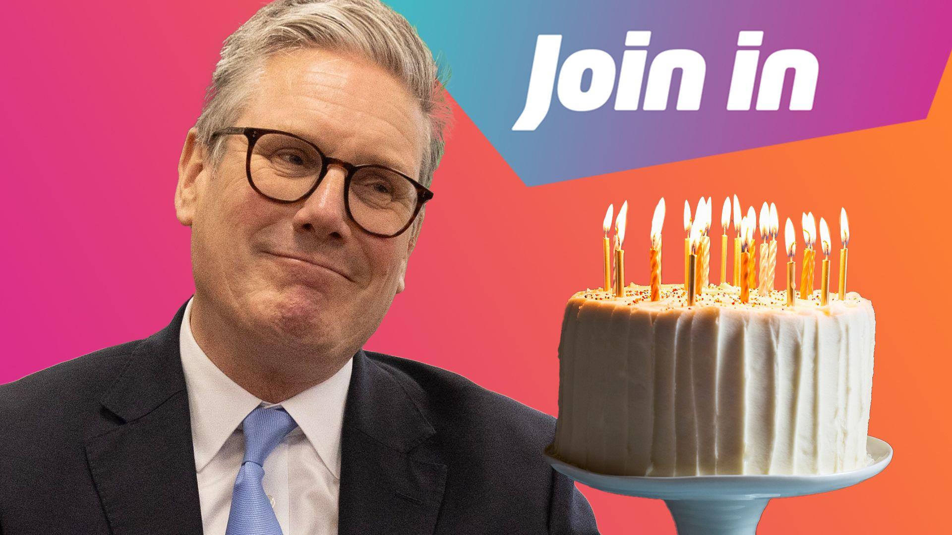 A combined image showing Prime Minister Keir Starmer looking on with a mock sad expression at a birthday cake, with text JOIN IN at the top of the image