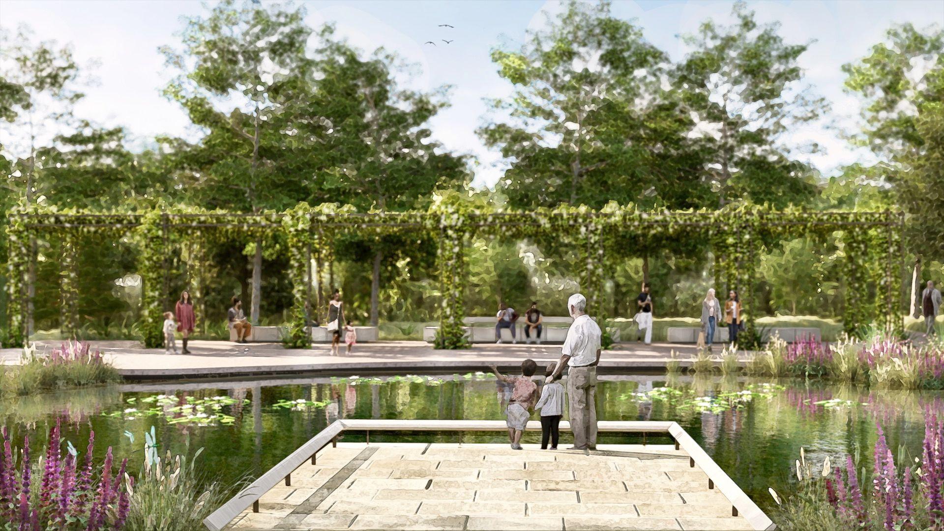 An artist's impression of the new garden shows a man standing on a viewing platform with two children overlooking a large pond which is surrounded by pagodas and benches