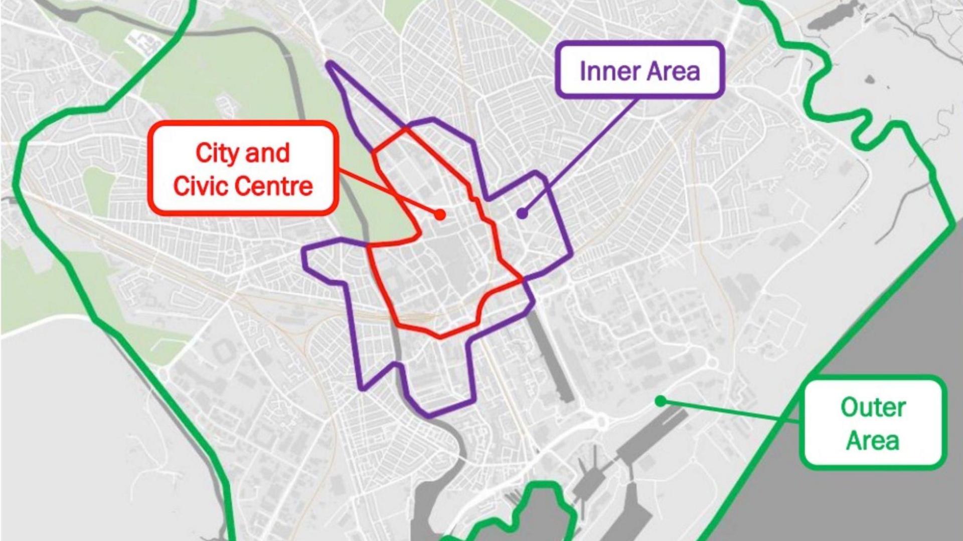A map showing the boundary of the three new parking zones in Cardiff.