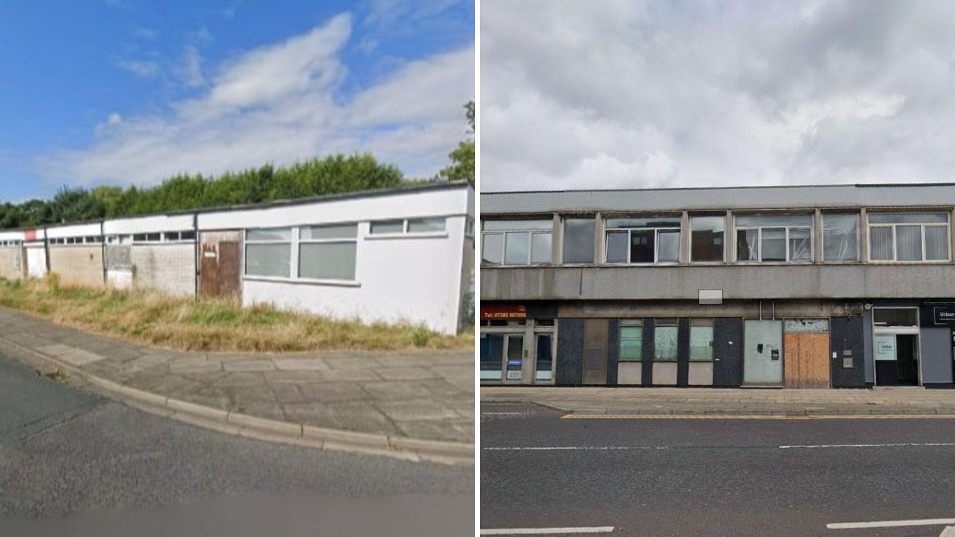 Two photos from Google Street View next to each other. On the left is a white building with one floor, it has some of its doors and windows boarded up and its located at the corner of a street with grass overgrowing slightly in front of it. On the right is a single-storey grey building with a wooden door boarded up at the front. It's located next to other buildings on a road.