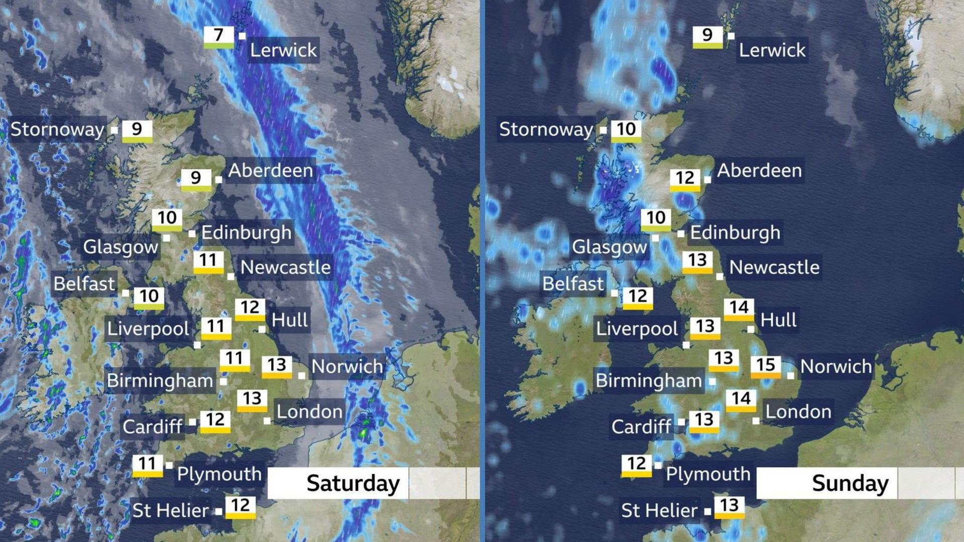 Two weather maps showing forecast conditions for the UK on Saturday and Sunday, with maximum temperatures of 7-13C on Saturday and 9-15C on Sunday