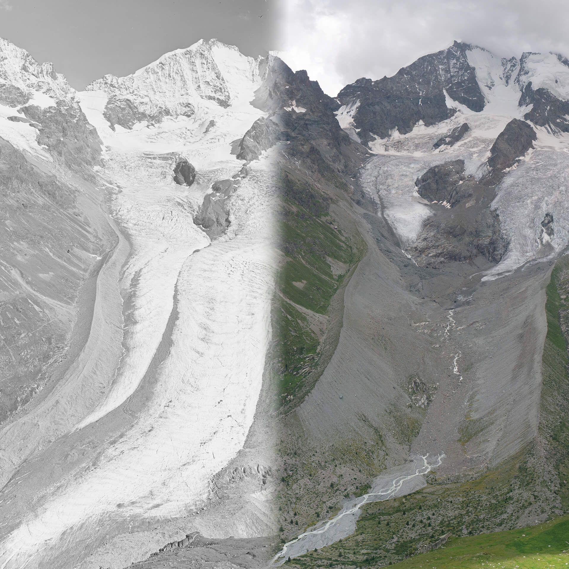 Blended image comparison of the Tschierva Glacier in 1935 on the left and 2022 on the right. The glacier extends far down the valley in 1935 but has retreated way up the valley by 2022.